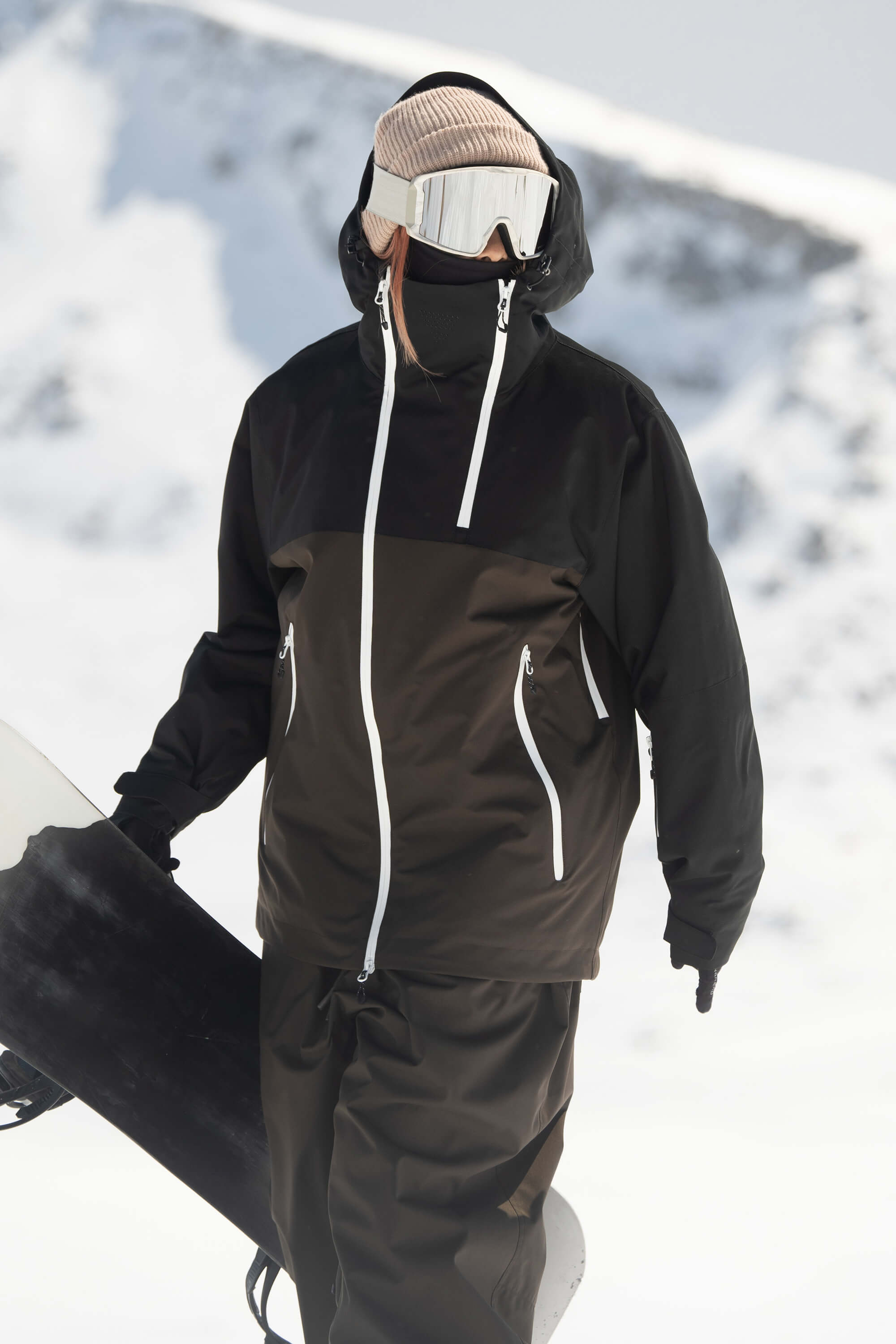 Women's Black & Coffee Asym-Zip Face-Vent Ski Jacket Waterproof Insulated Snow Jacket Main image