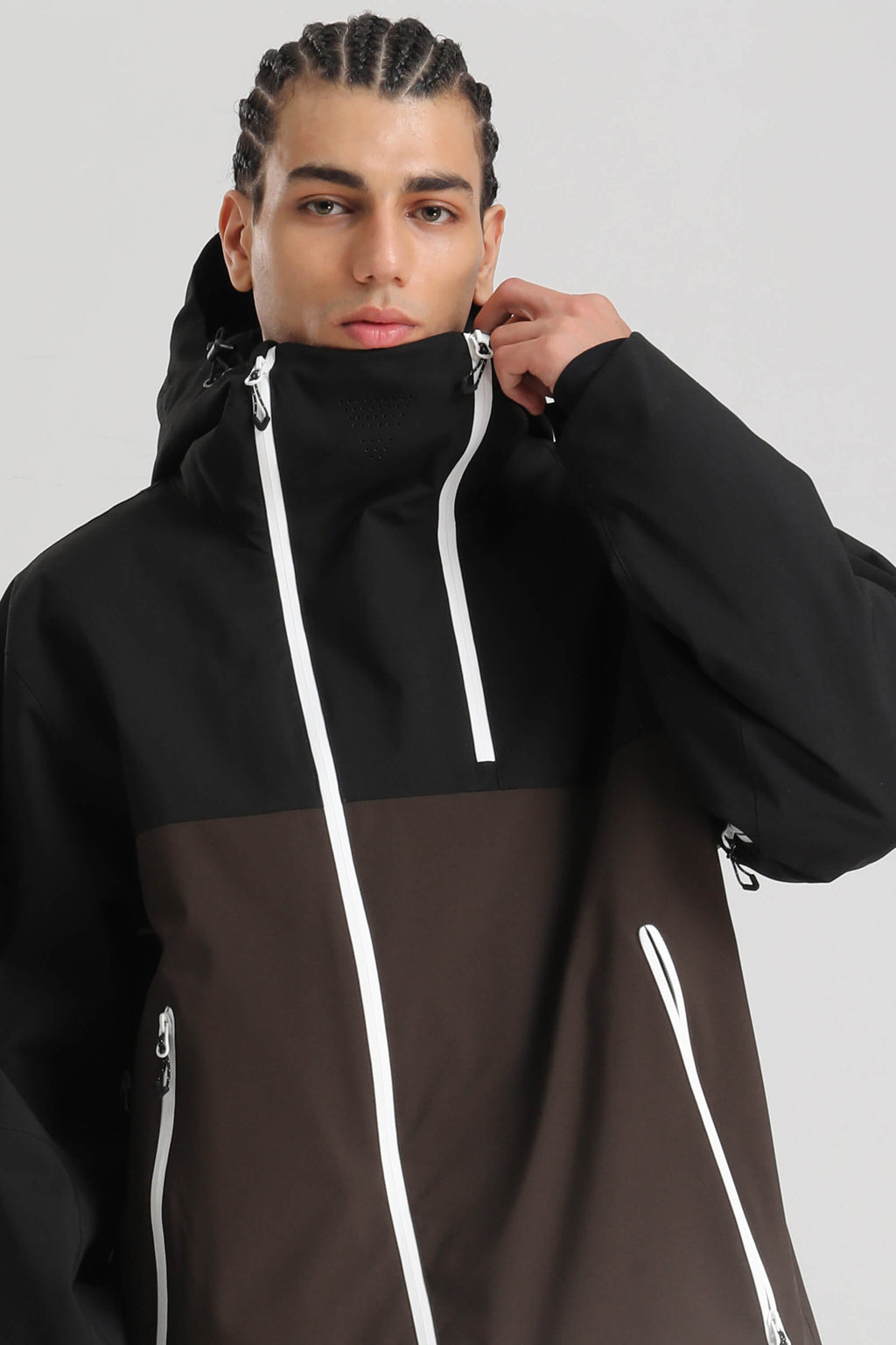 Men's Black & Coffee Asym-Zip Face-Vent Ski Jacket Waterproof Insulated Snow Jacket