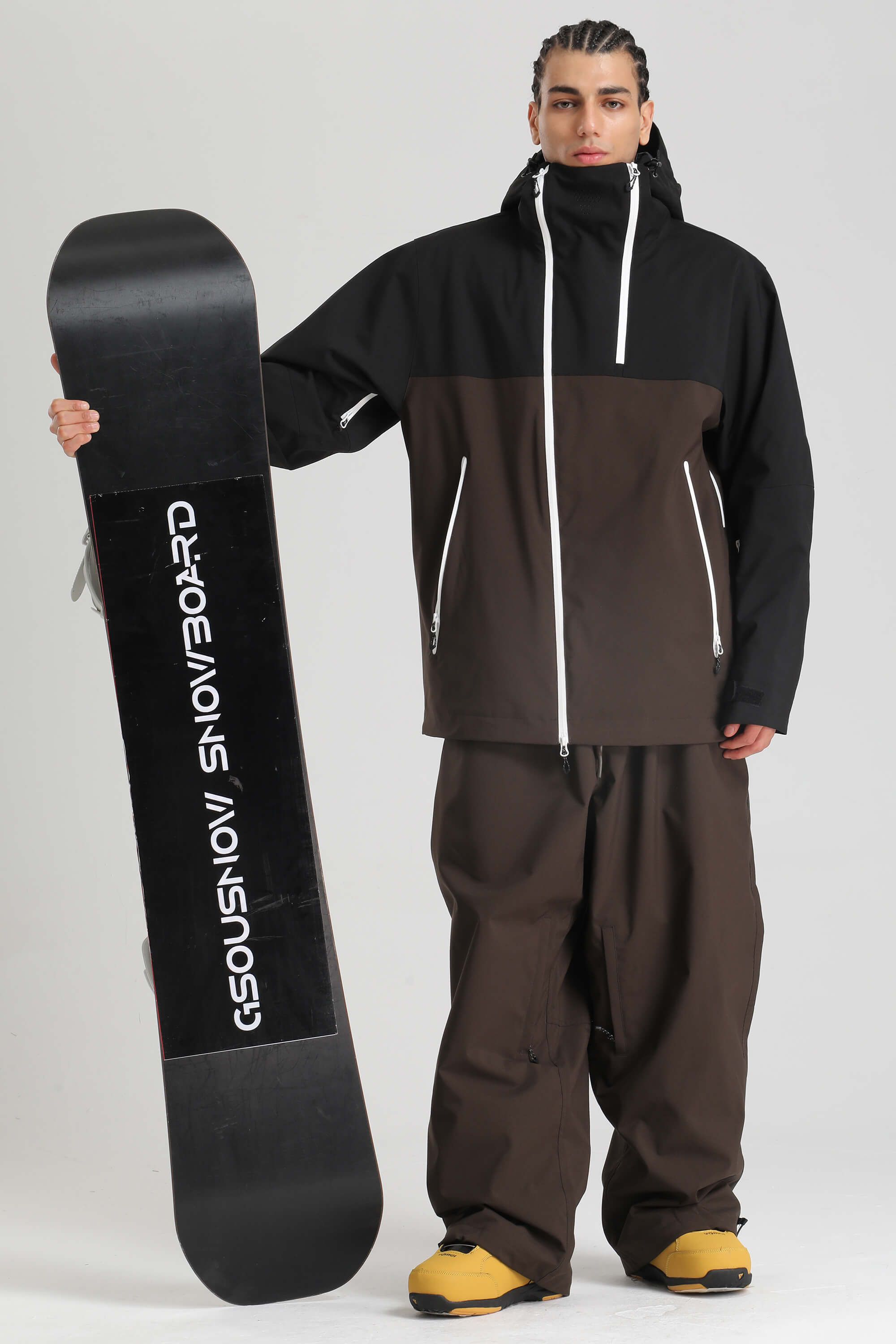 Men's Black & Coffee Face Vent Asym-Zip Snow Jacket Waterproof Insulated Ski Jacket - Gsou Snow