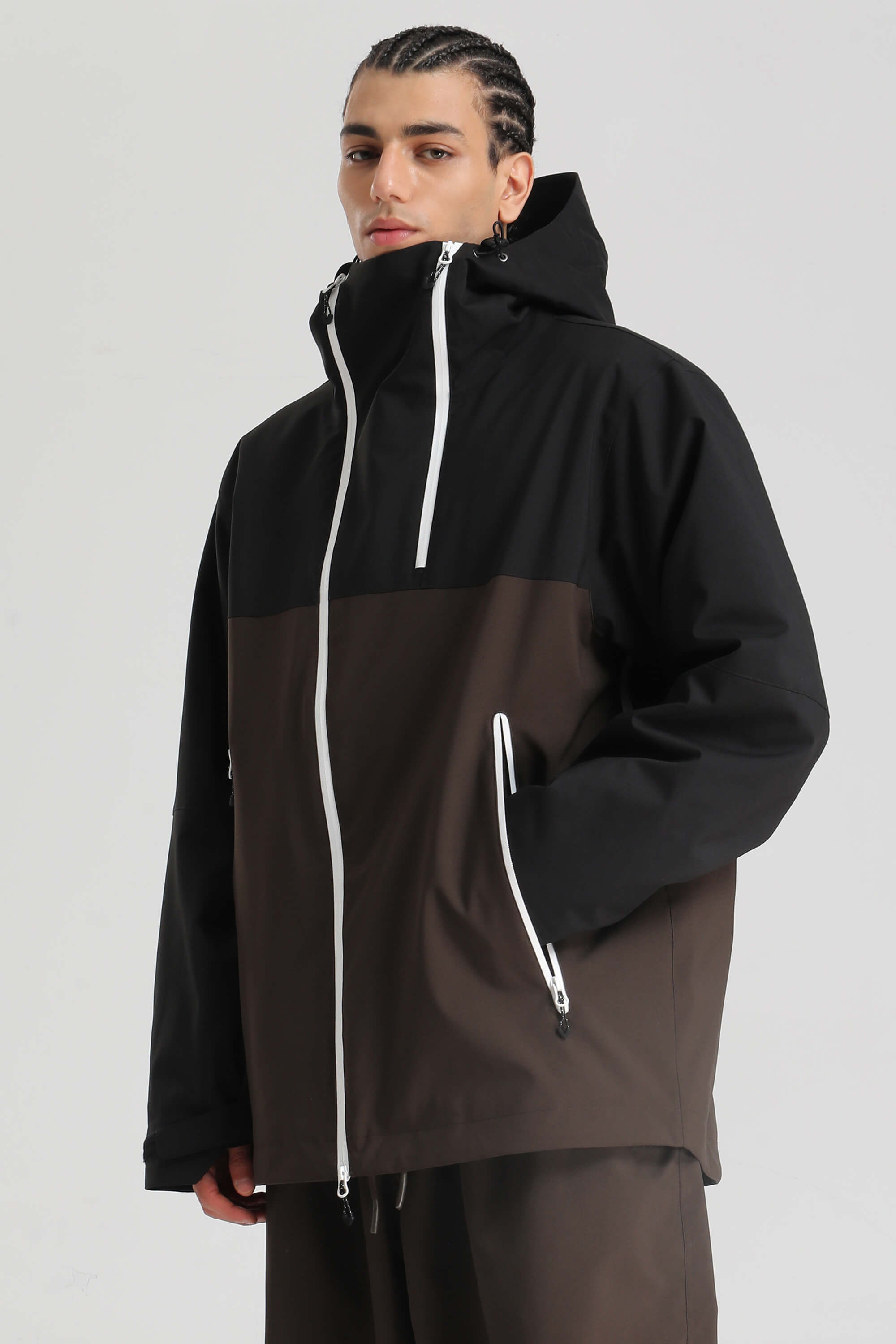 Men's Black & Coffee Face Vent Asym-Zip Snow Jacket Waterproof Insulated Ski Jacket - Gsou Snow