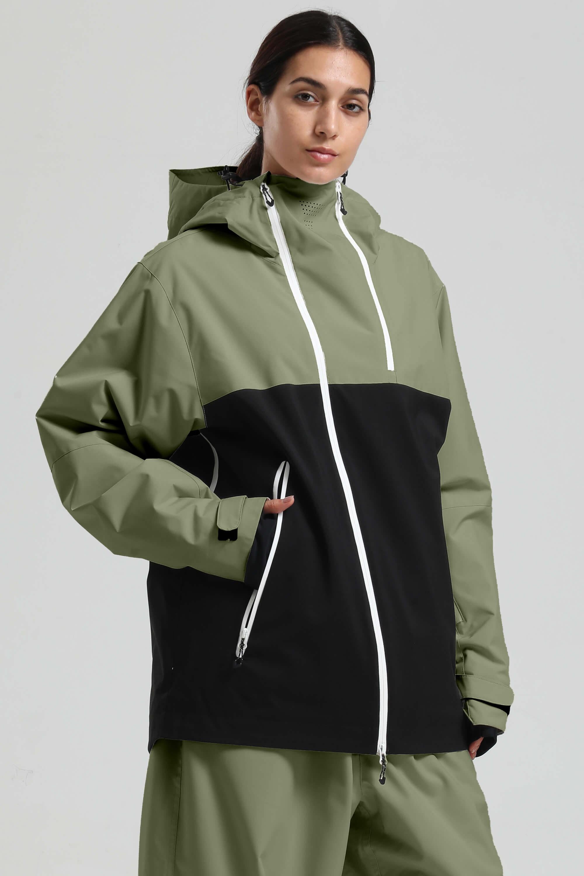 Women's Green & Black Face Vent Asym-Zip Snow Jacket Waterproof Insulated Ski Jacket - Gsou Snow