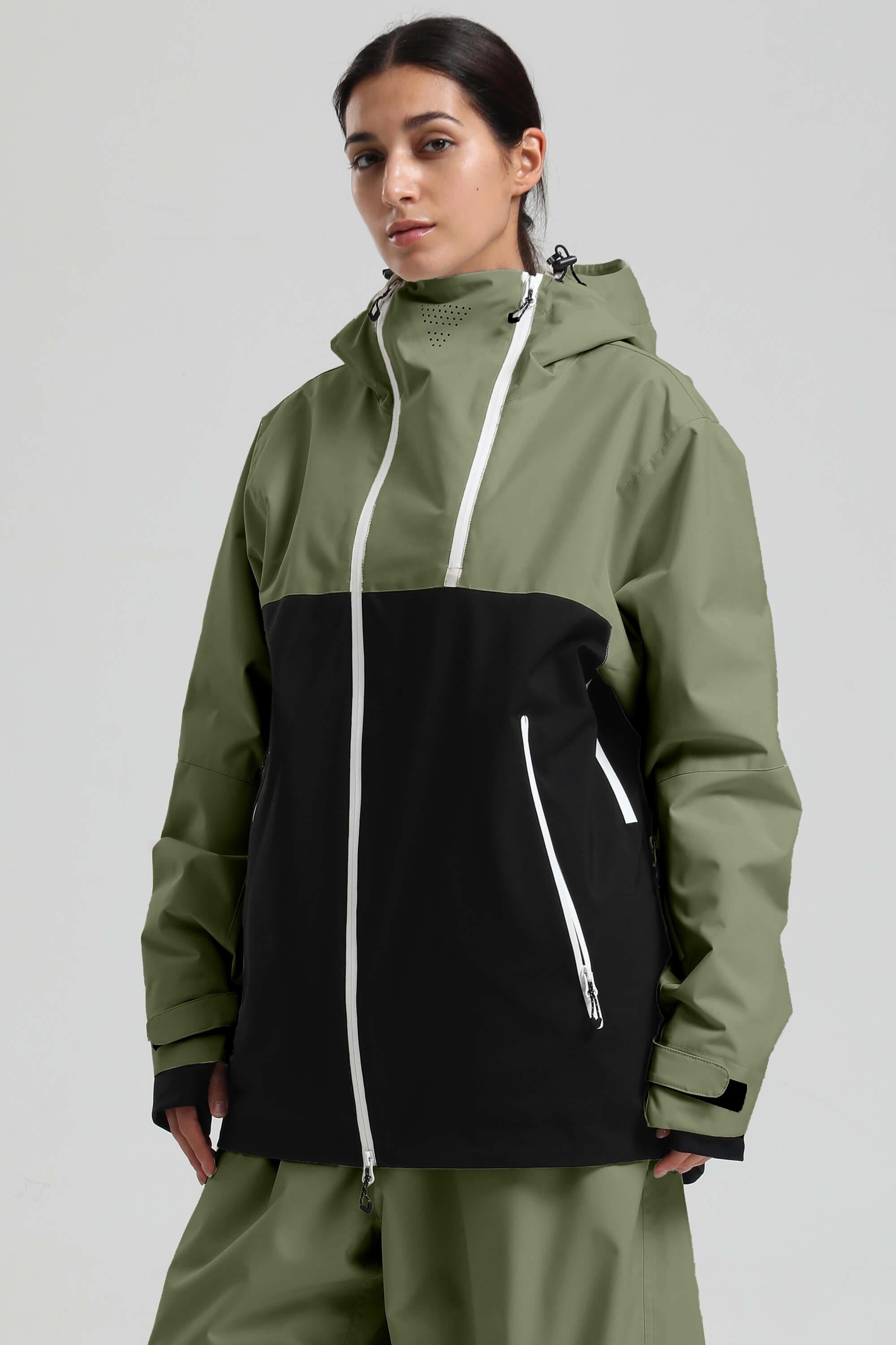 Women's Green & Black Face Vent Asym-Zip Snow Jacket Waterproof Insulated Ski Jacket - Gsou Snow