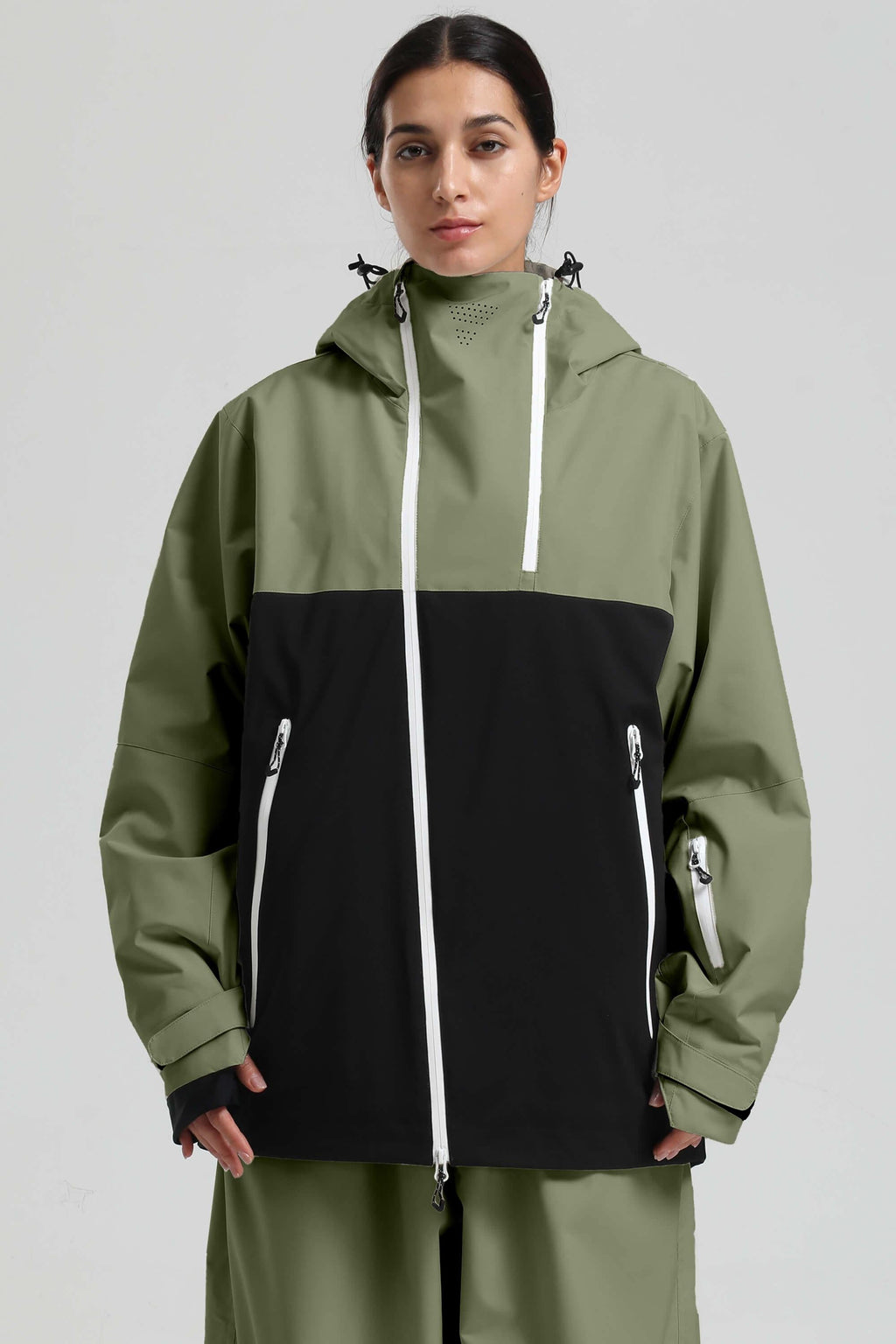 Women's Green & Black Face Vent Asym-Zip Snow Jacket Waterproof Insulated Ski Jacket - Gsou Snow