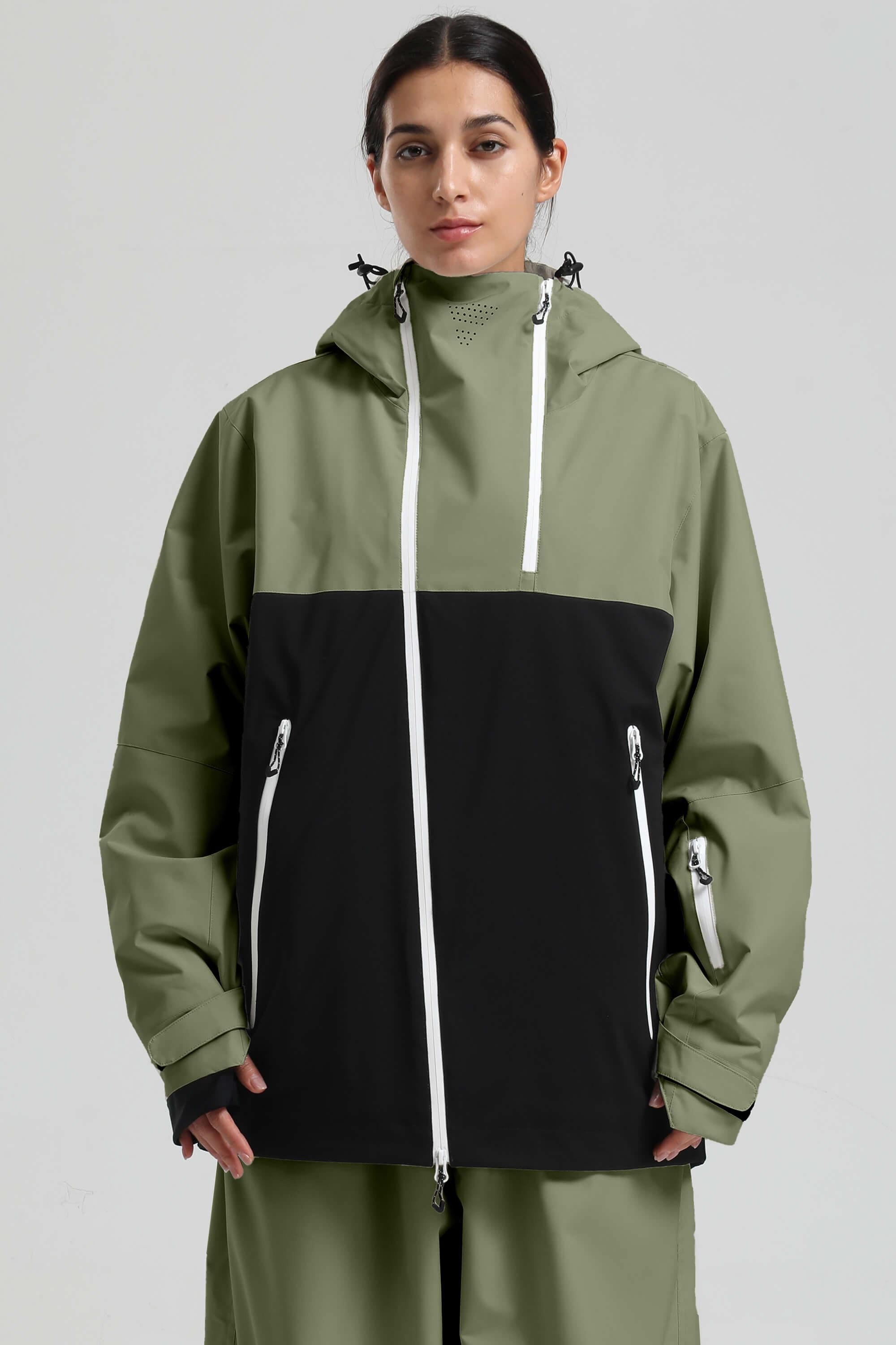 Women's Green & Black Face Vent Asym-Zip Snow Jacket Waterproof Insulated Ski Jacket - Gsou Snow
