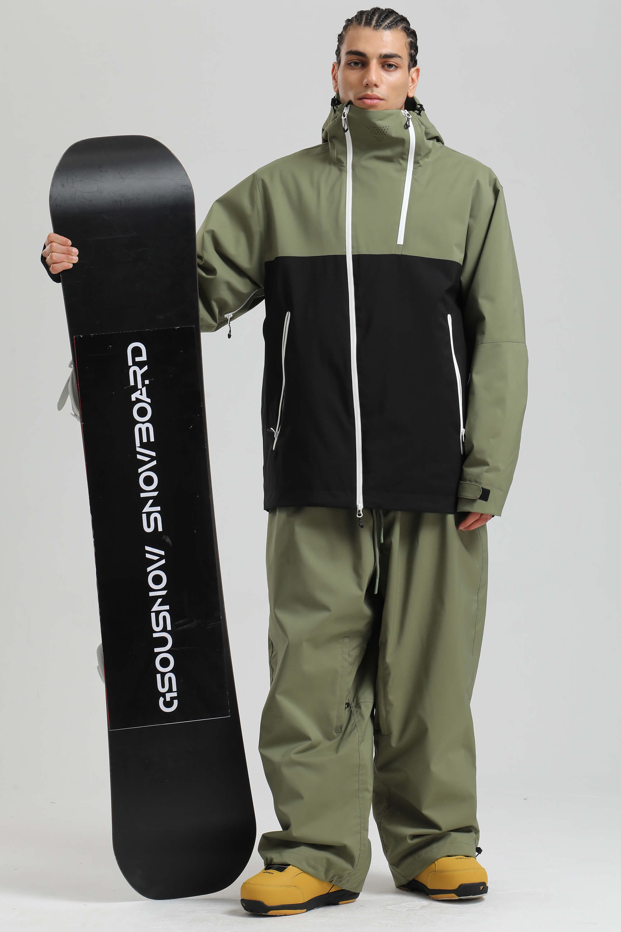 Men's Green & Black Face Vent Asym-Zip Snow Jacket Waterproof Insulated Ski Jacket - Gsou Snow