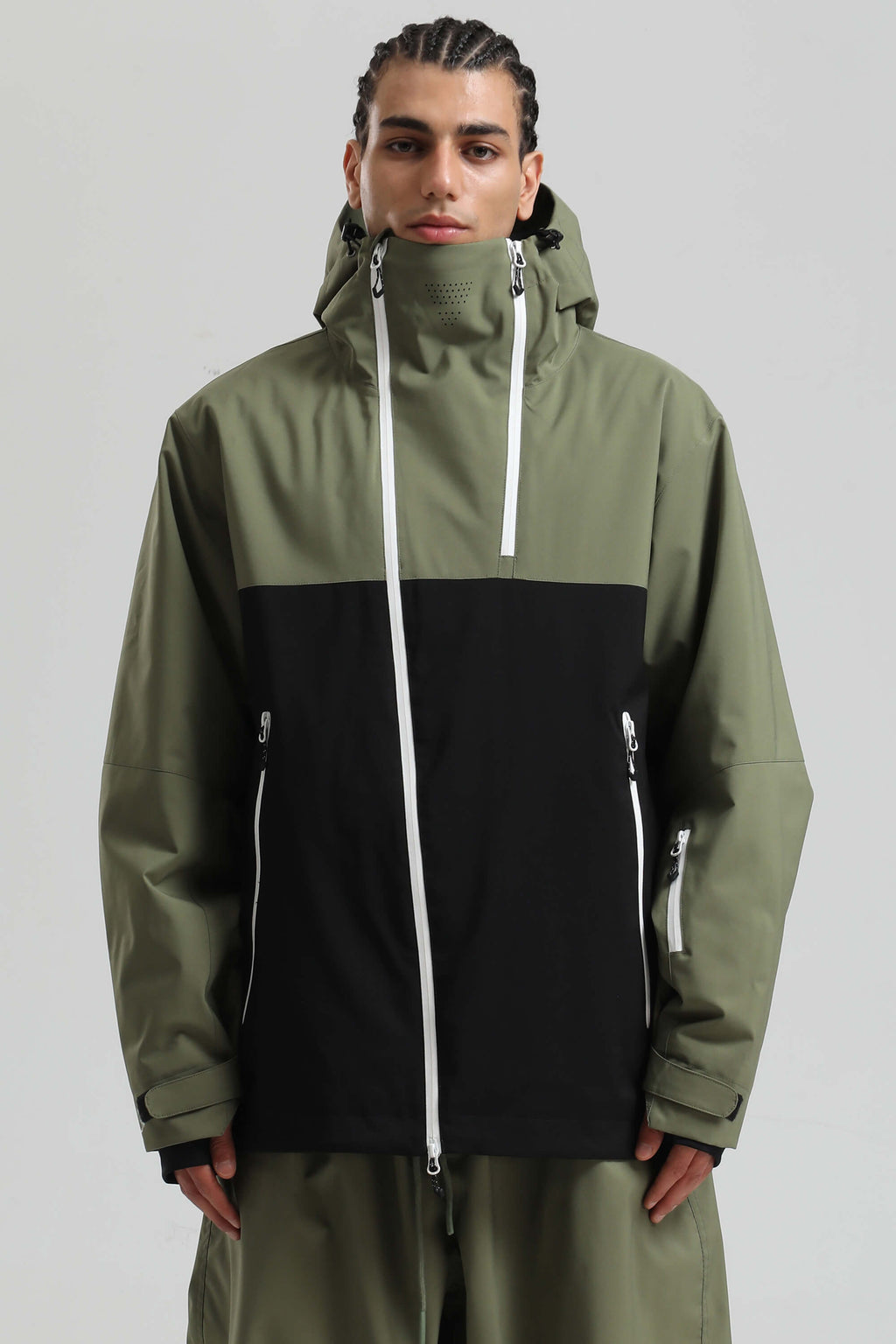 Men's Green & Black Face Vent Asym-Zip Snow Jacket Waterproof Insulated Ski Jacket - Gsou Snow