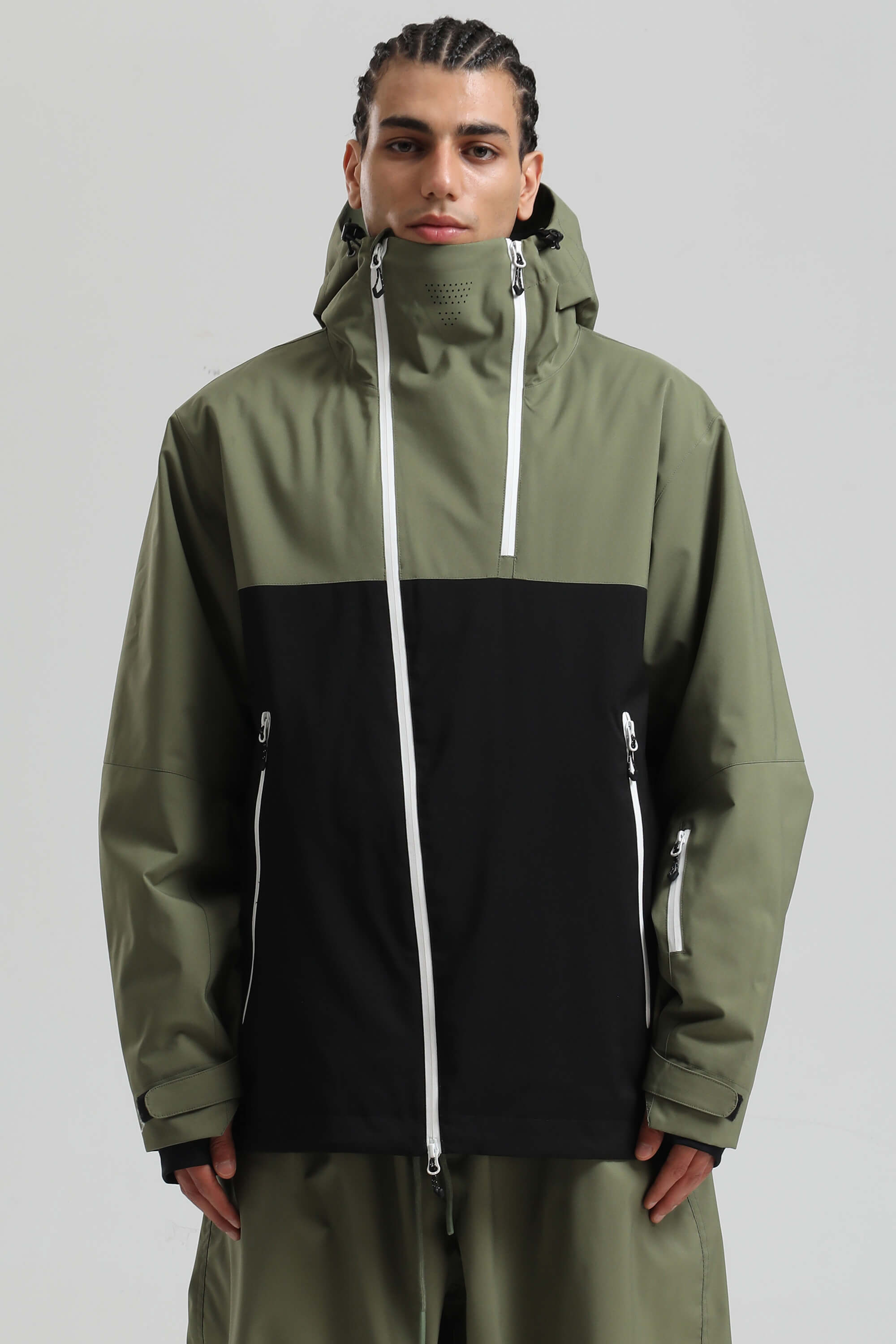 Men's Green & Black Face Vent Asym-Zip Snow Jacket Waterproof Insulated Ski Jacket - Gsou Snow