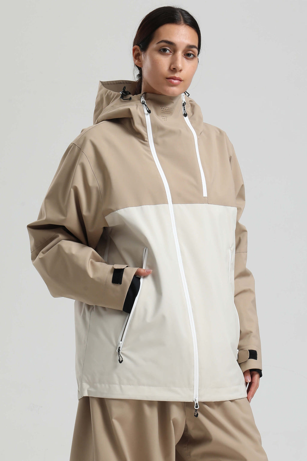 Women's Khaki & White Face Vent Asym-Zip Snow Jacket Waterproof Insulated Ski Jacket - Gsou Snow
