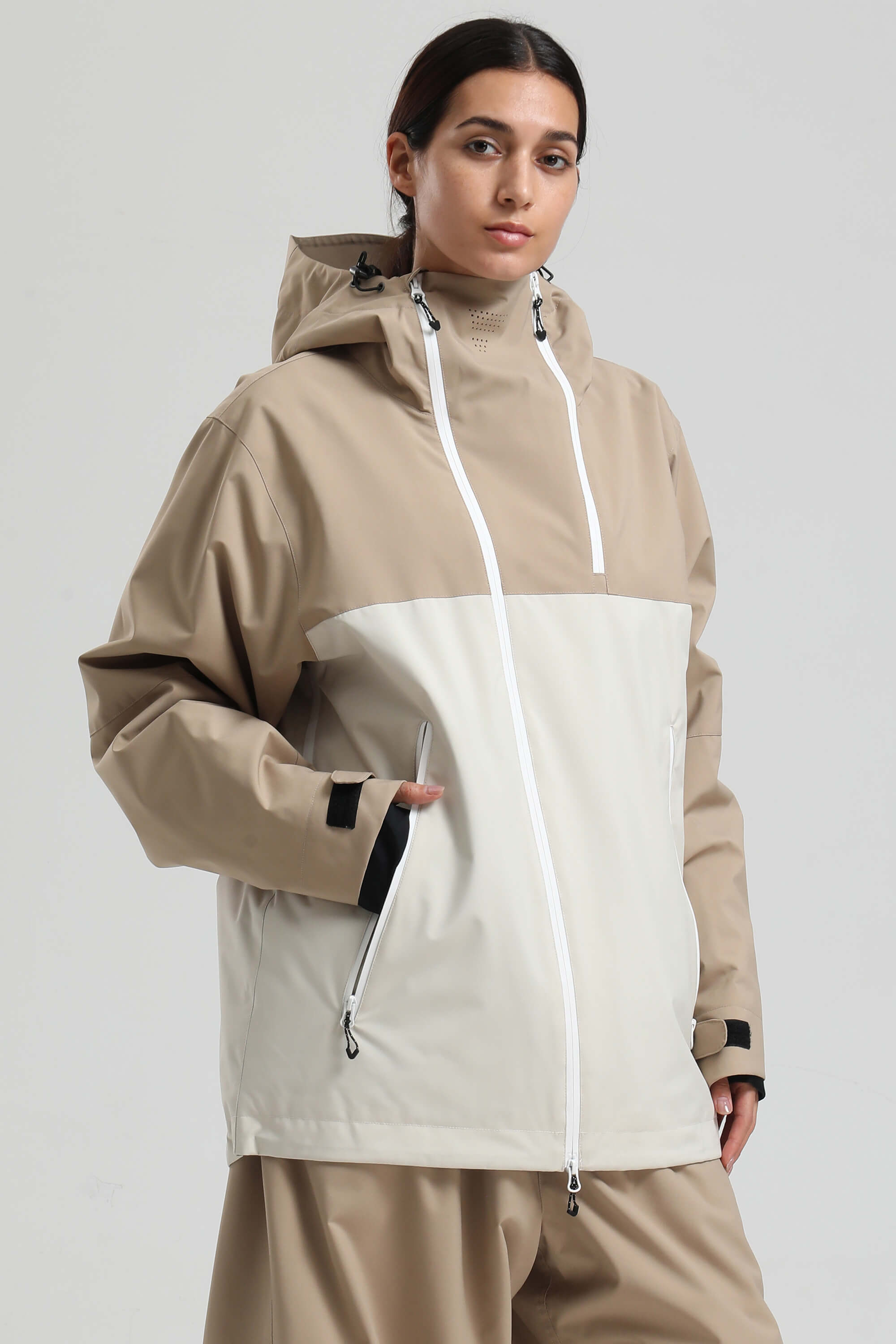 Women's Khaki & White Face Vent Asym-Zip Snow Jacket Waterproof Insulated Ski Jacket - Gsou Snow