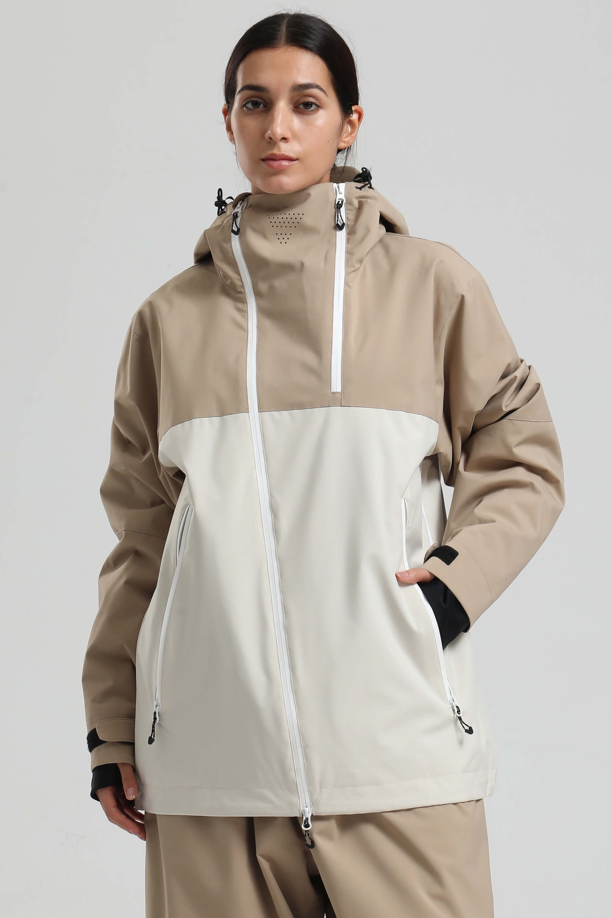 Women's Khaki & White Face Vent Asym-Zip Snow Jacket Waterproof Insulated Ski Jacket - Gsou Snow