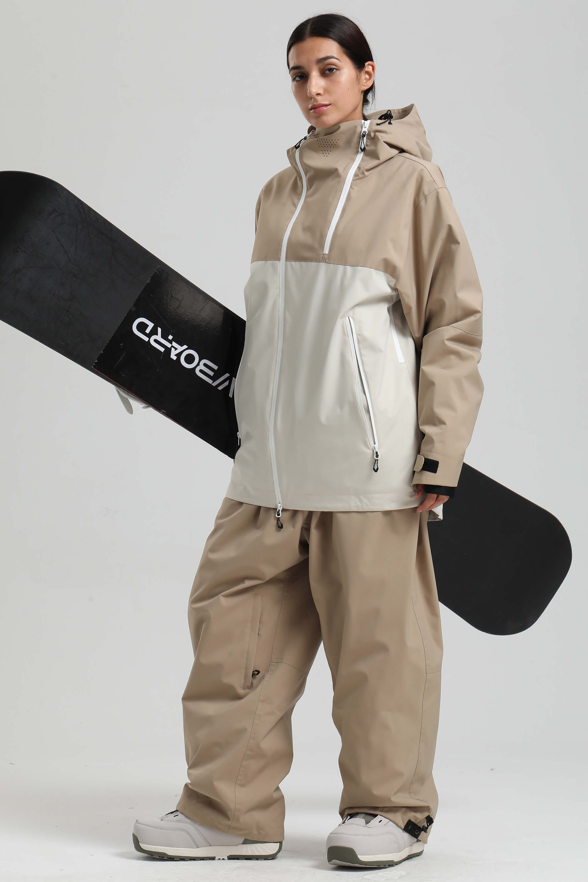 Women's Khaki & White Face Vent Asym-Zip Snow Jacket Waterproof Insulated Ski Jacket - Gsou Snow