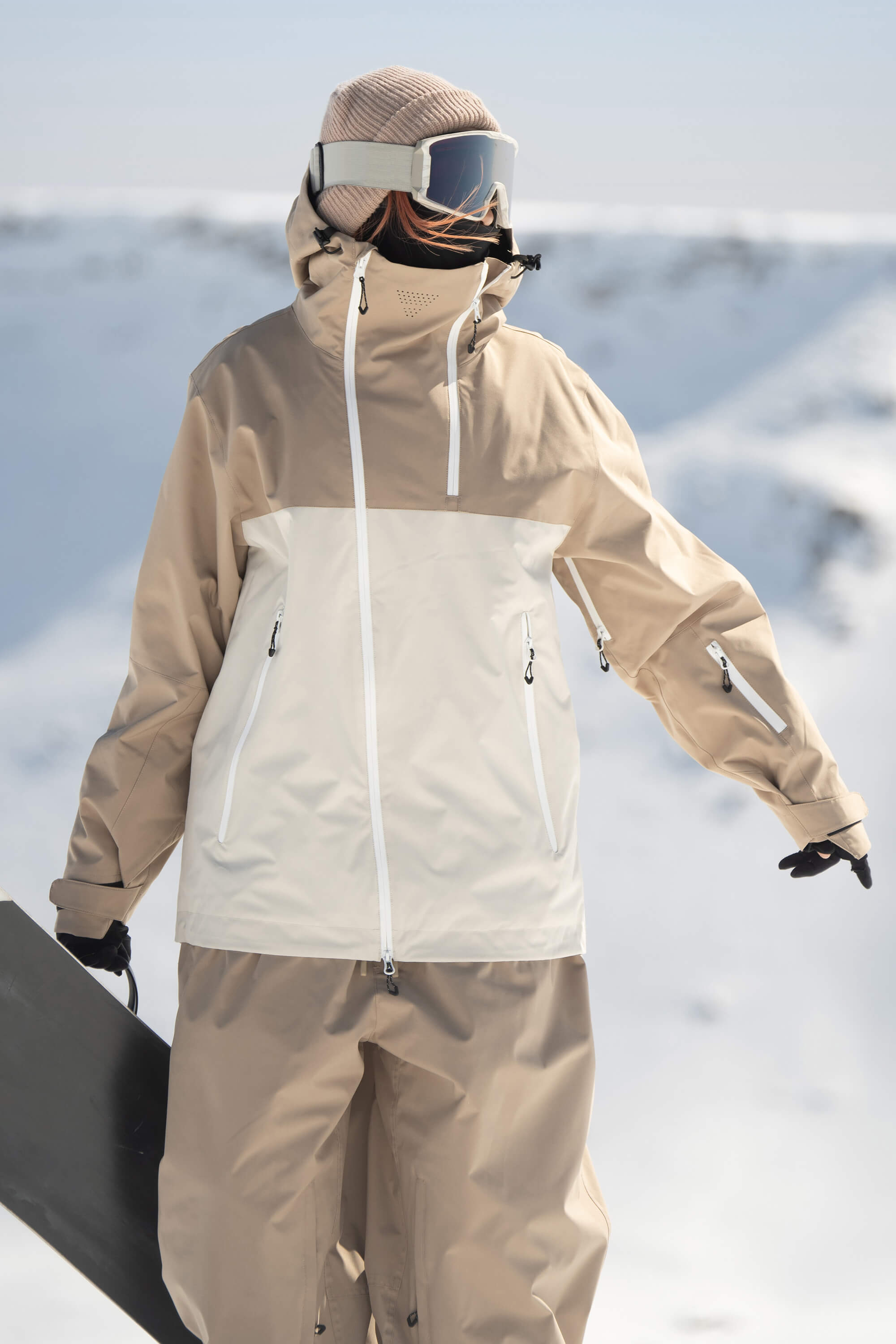 Women's Khaki & White Asym-Zip Face-Vent Ski Jacket Waterproof Insulated Snow Jacket