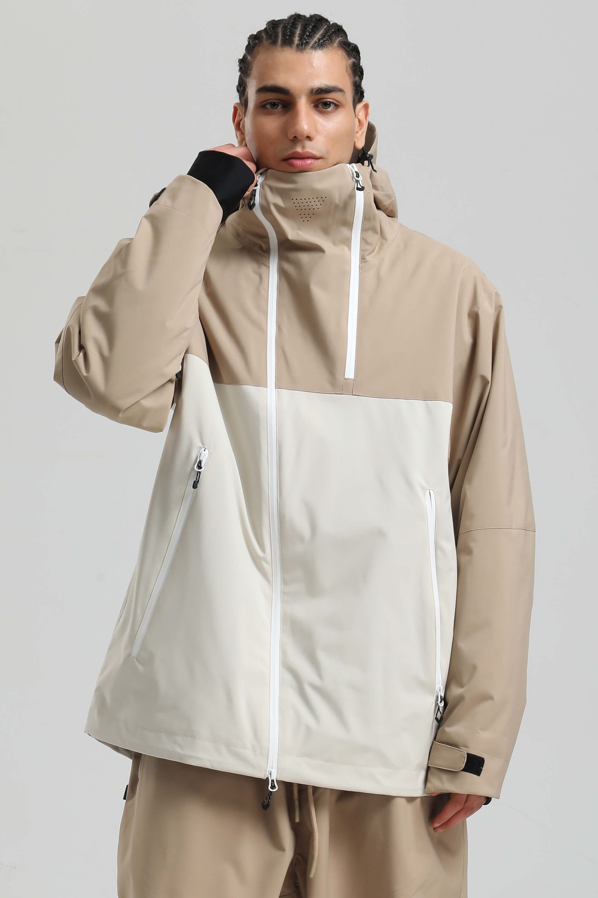 Men's White & Black Face Vent Asym-Zip Snow Jacket Waterproof Insulated Ski Jacket - Gsou Snow