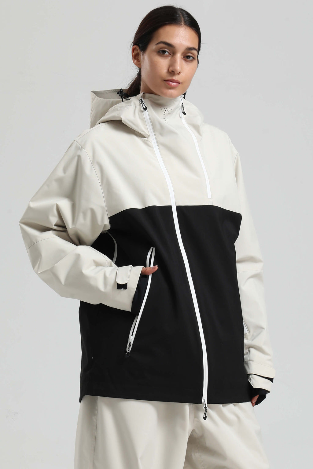 Women's White & Black Face Vent Asym-Zip Snow Jacket Waterproof Insulated Ski Jacket - Gsou Snow