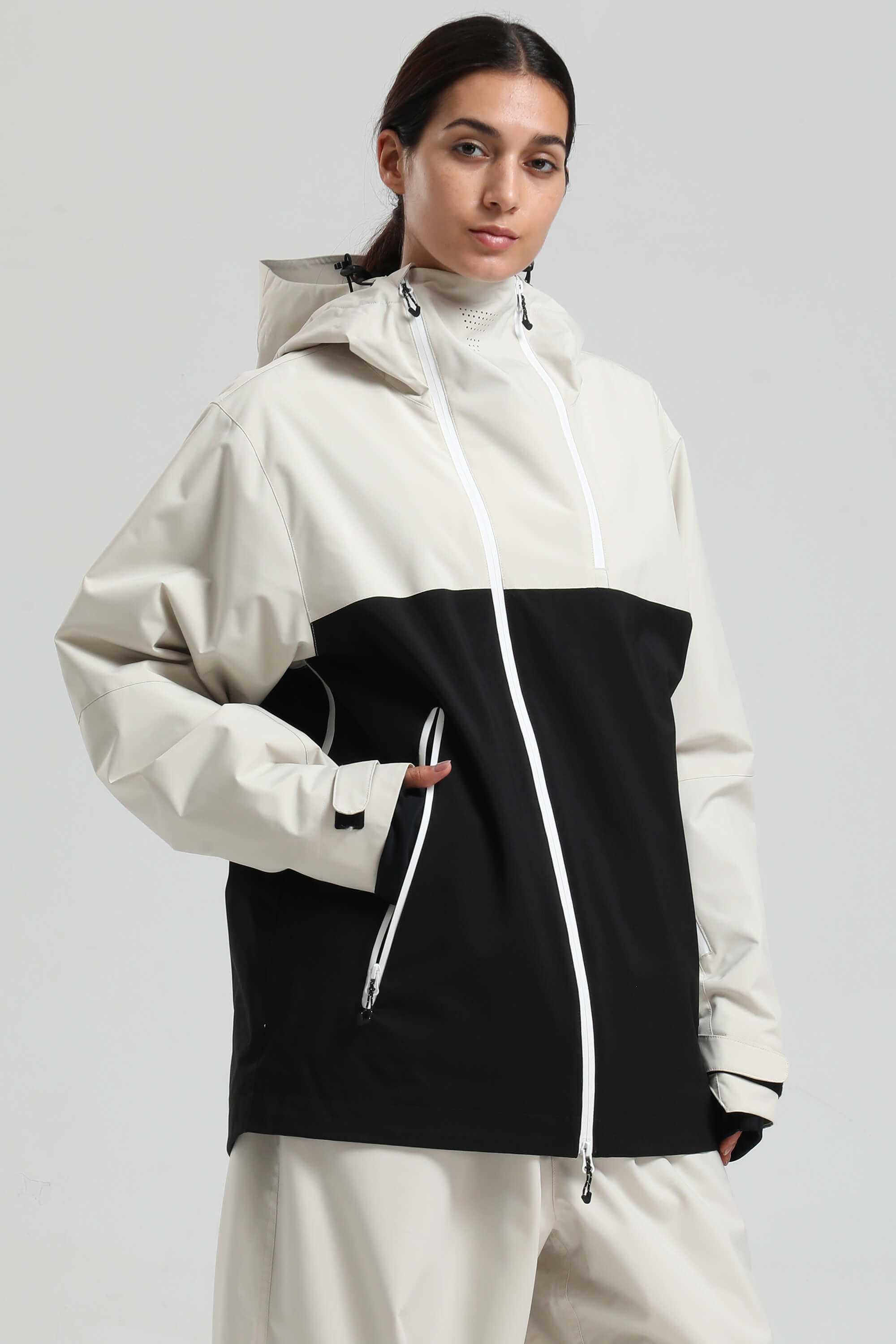 Women's White & Black Face Vent Asym-Zip Snow Jacket Waterproof Insulated Ski Jacket - Gsou Snow