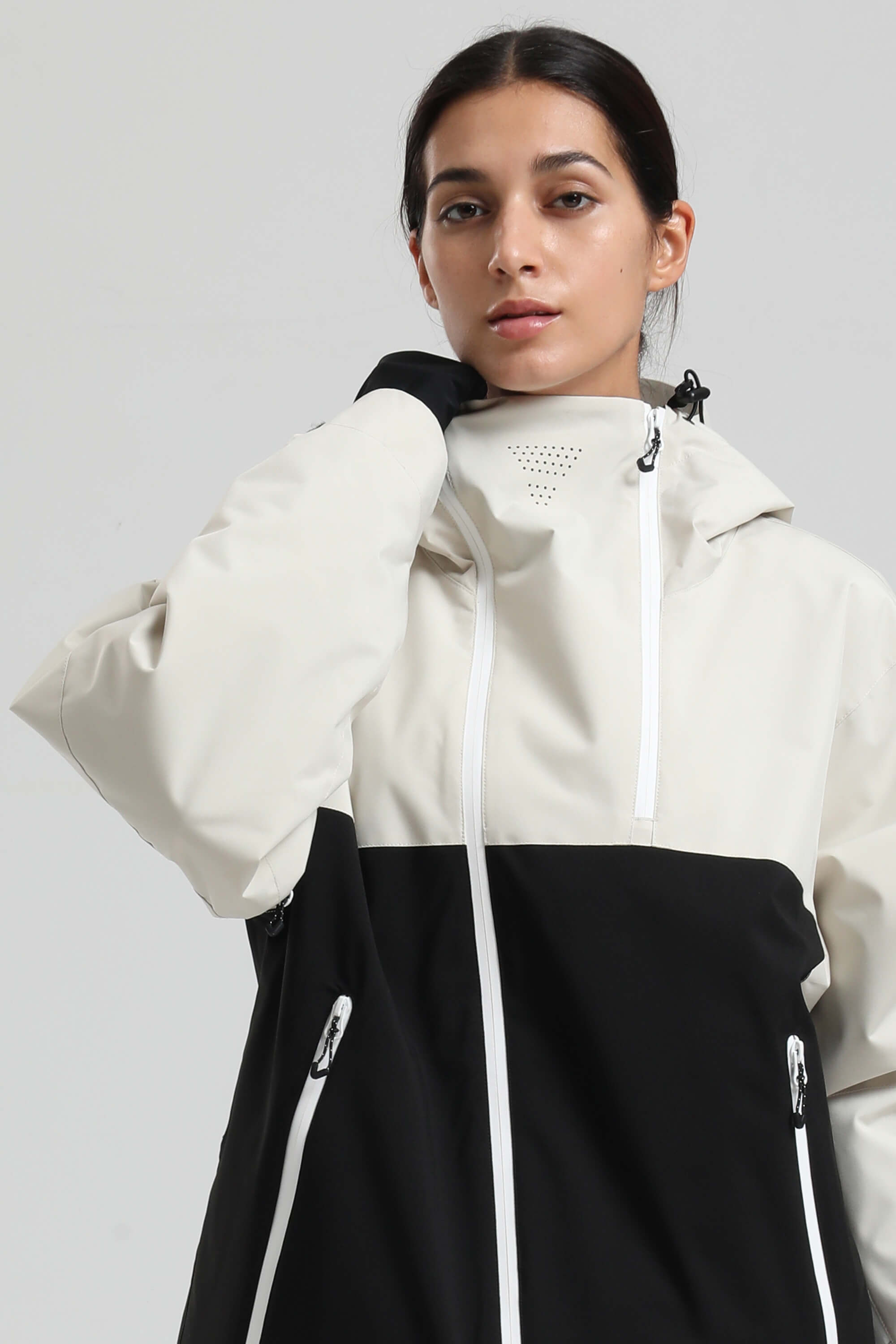Women's White & Black Face Vent Asym-Zip Snow Jacket Waterproof Insulated Ski Jacket - Gsou Snow