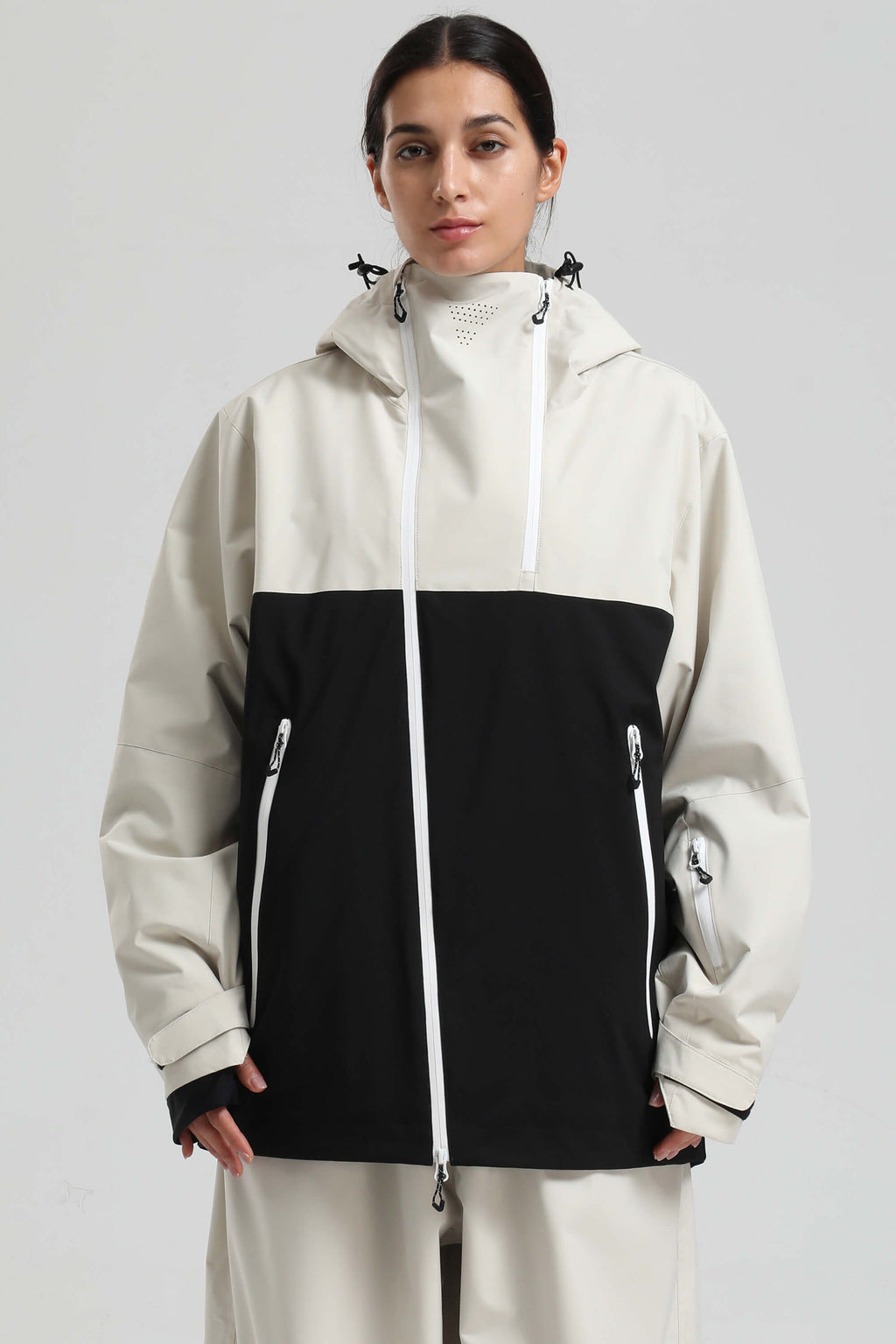 Women's White & Black Face Vent Asym-Zip Snow Jacket Waterproof Insulated Ski Jacket - Gsou Snow