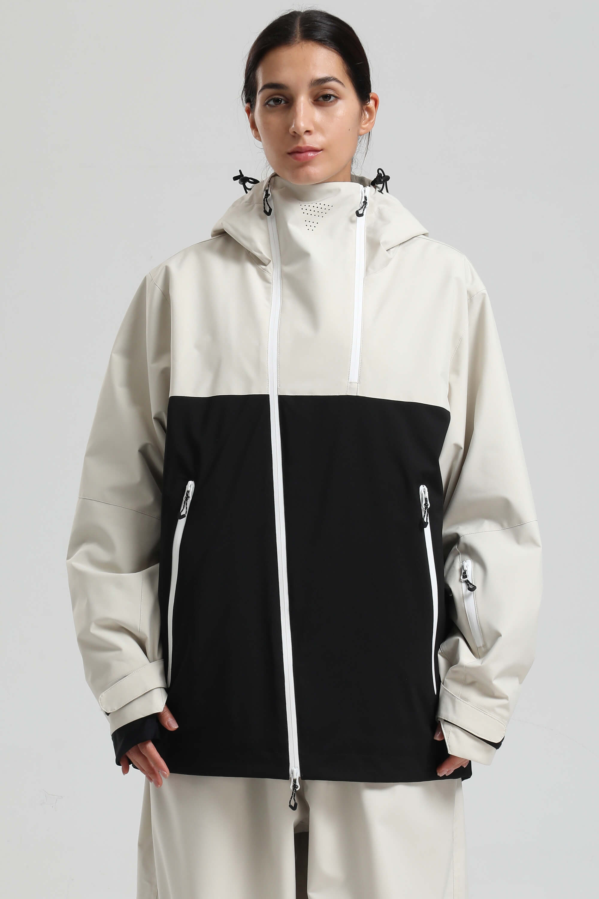 Women's White & Black Face Vent Asym-Zip Snow Jacket Waterproof Insulated Ski Jacket - Gsou Snow