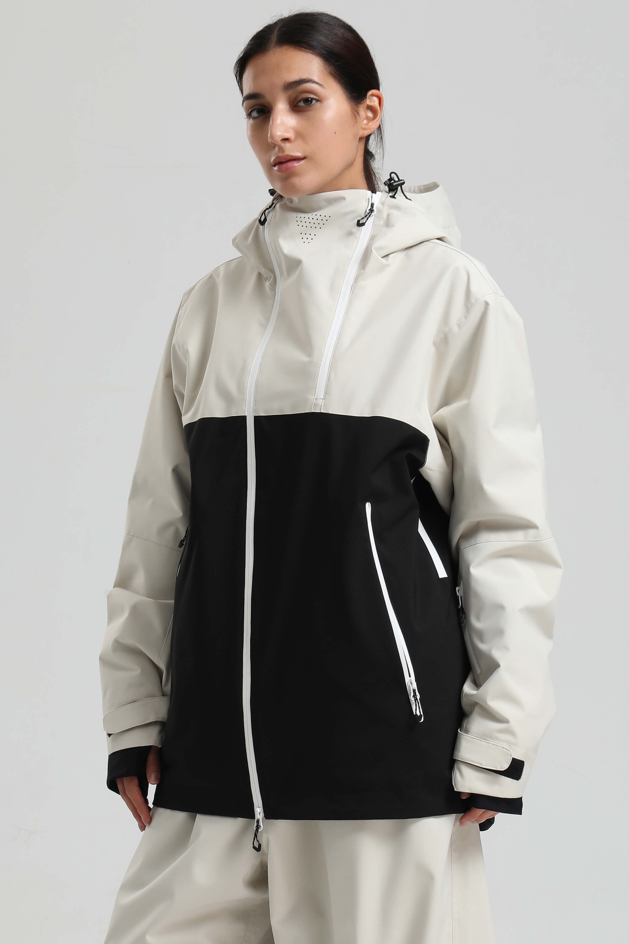 Women's White & Black Face Vent Asym-Zip Snow Jacket Waterproof Insulated Ski Jacket - Gsou Snow