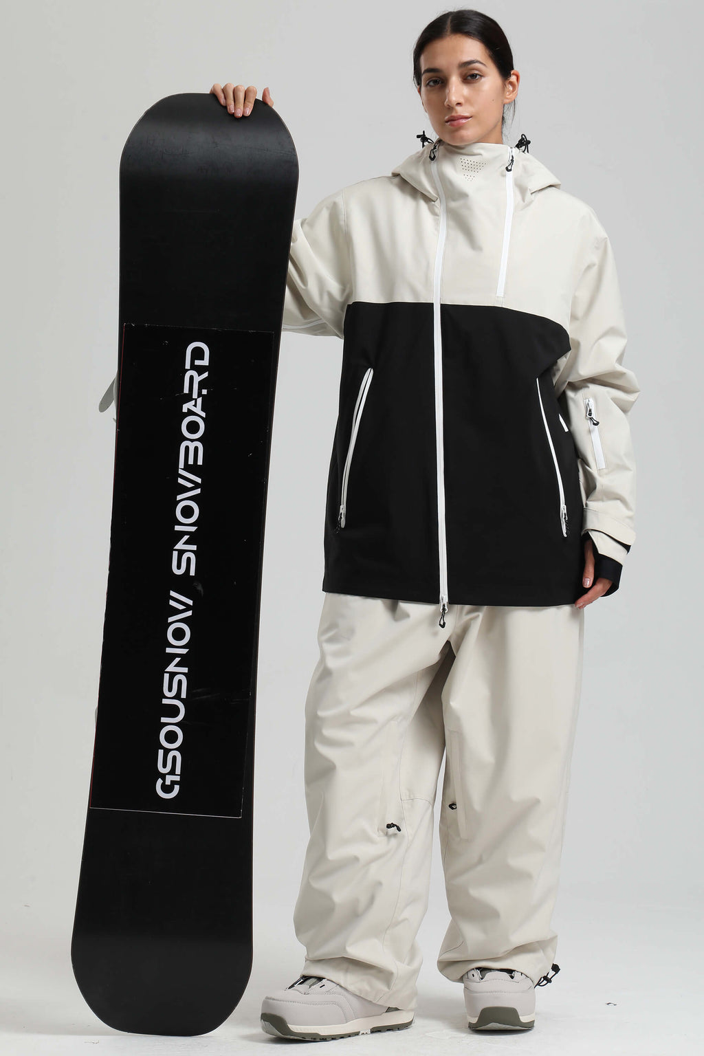 Women's White & Black Face Vent Asym-Zip Snow Jacket Waterproof Insulated Ski Jacket - Gsou Snow