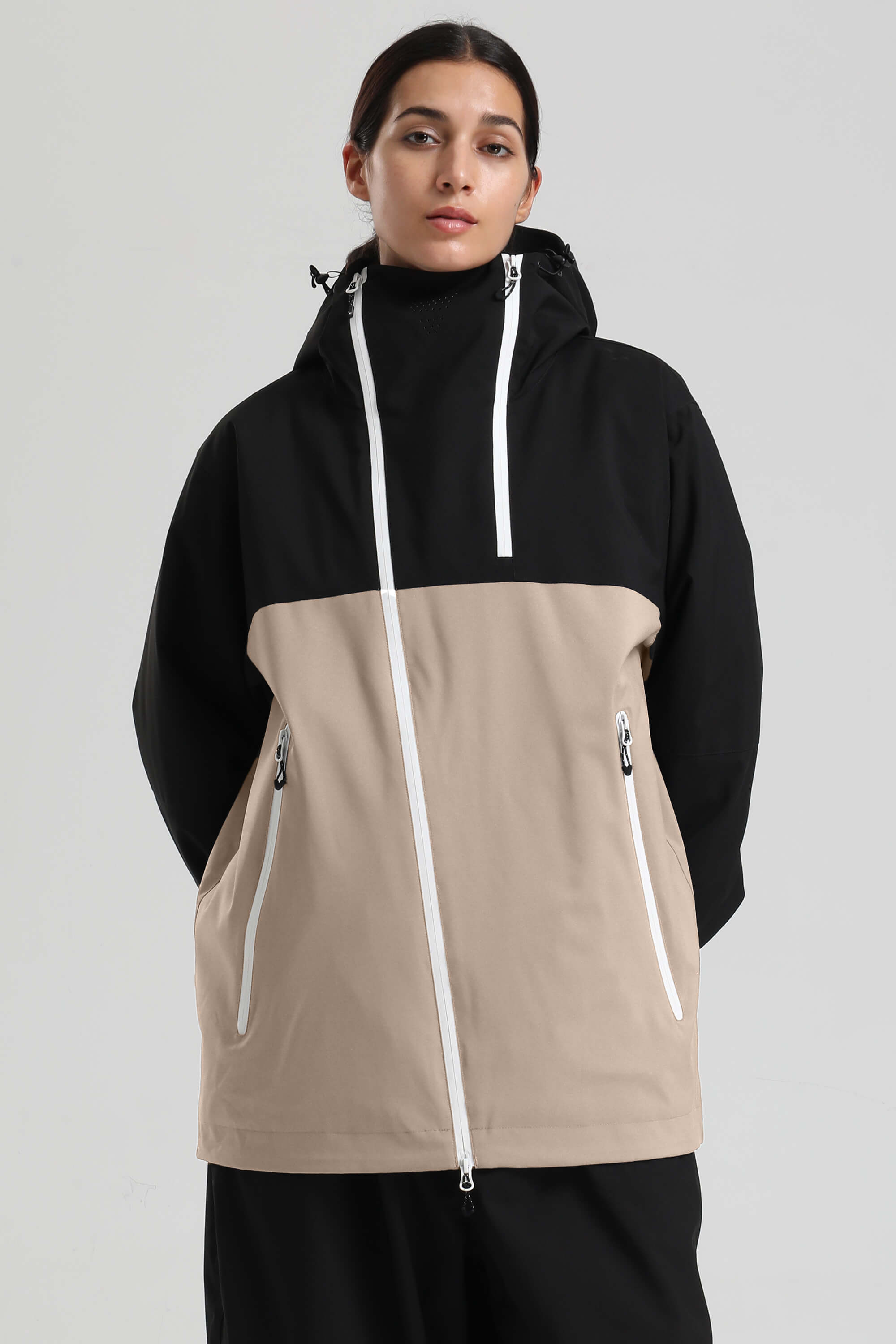 Women's Black & Khaki Asym-Zip Face-Vent Ski Jacket Waterproof Insulated Snow Jacket Main image