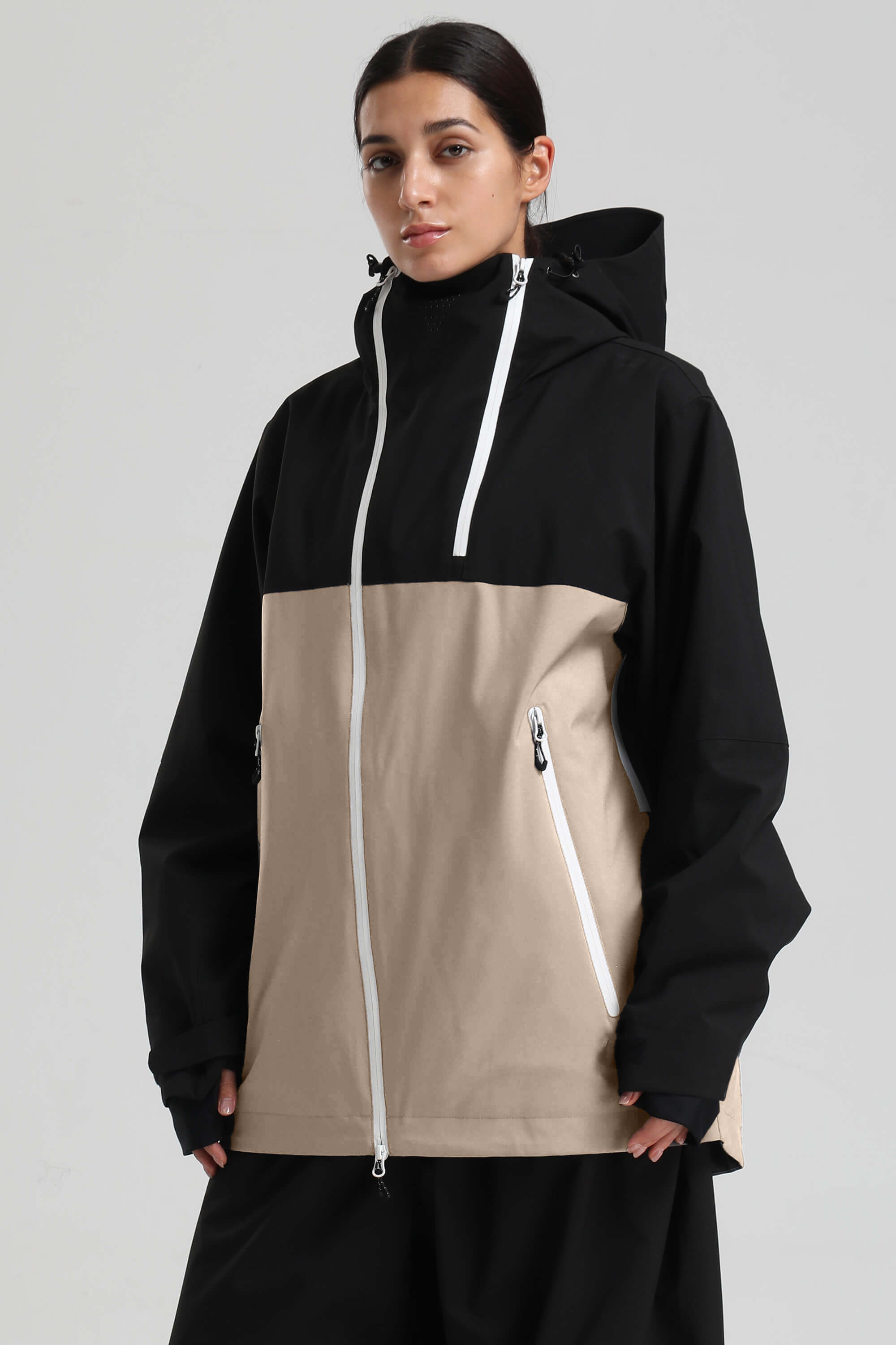 Women's Khaki & White Asym-Zip Face-Vent Ski Jacket Waterproof Insulated Snow Jacket