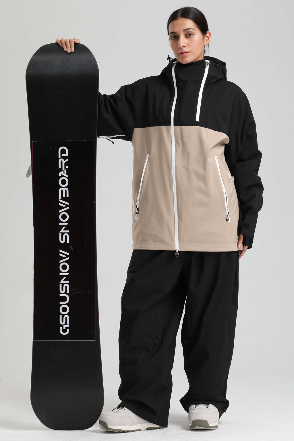Women's Black & Khaki Face Vent Asym-Zip Snow Jacket Waterproof Insulated Ski Jacket - Gsou Snow