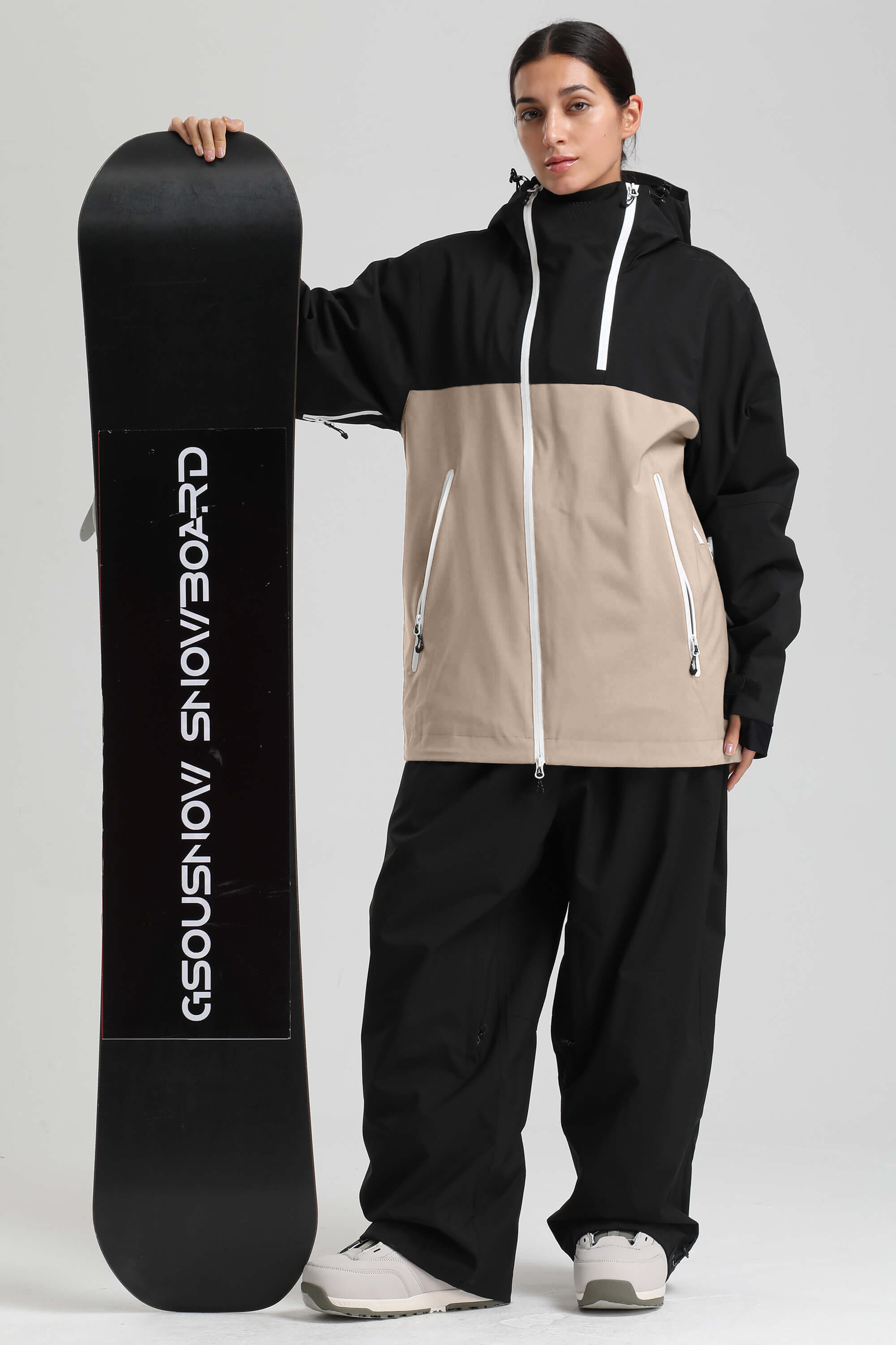 Women's Black & Khaki Face Vent Asym-Zip Snow Jacket Waterproof Insulated Ski Jacket - Gsou Snow