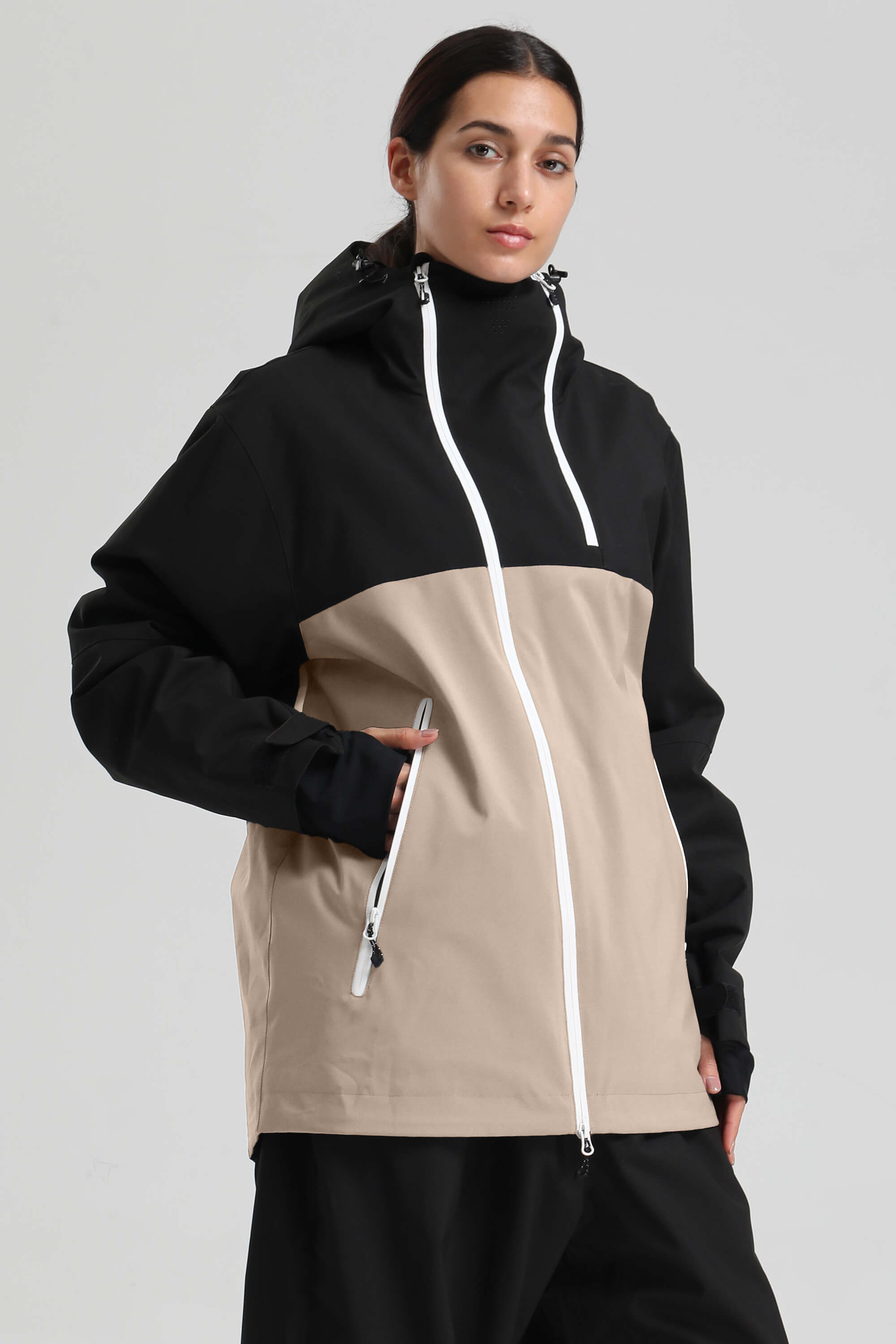 Women's Black & Khaki Face Vent Asym-Zip Snow Jacket Waterproof Insulated Ski Jacket - Gsou Snow