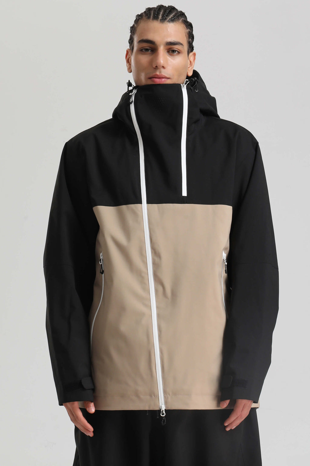 Men's Black & Khaki Asym-Zip Face-Vent Ski Jacket Waterproof Insulated Snow Jacket
