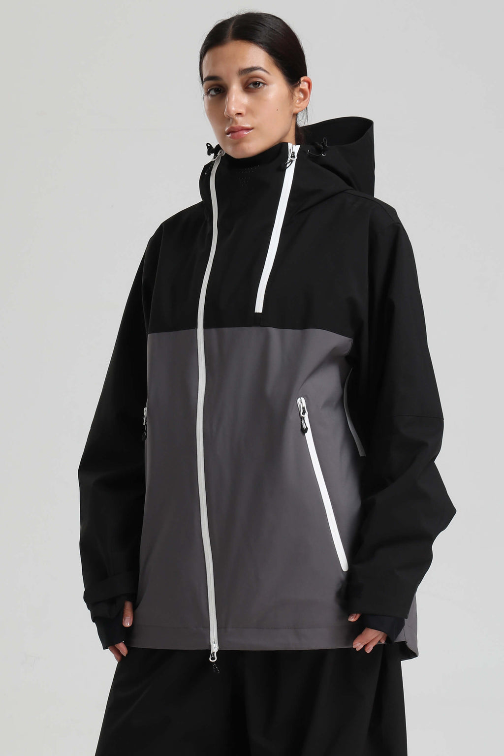 Women's Black & Grey Face Vent Asym-Zip Snow Jacket Waterproof Insulated Ski Jacket - Gsou Snow
