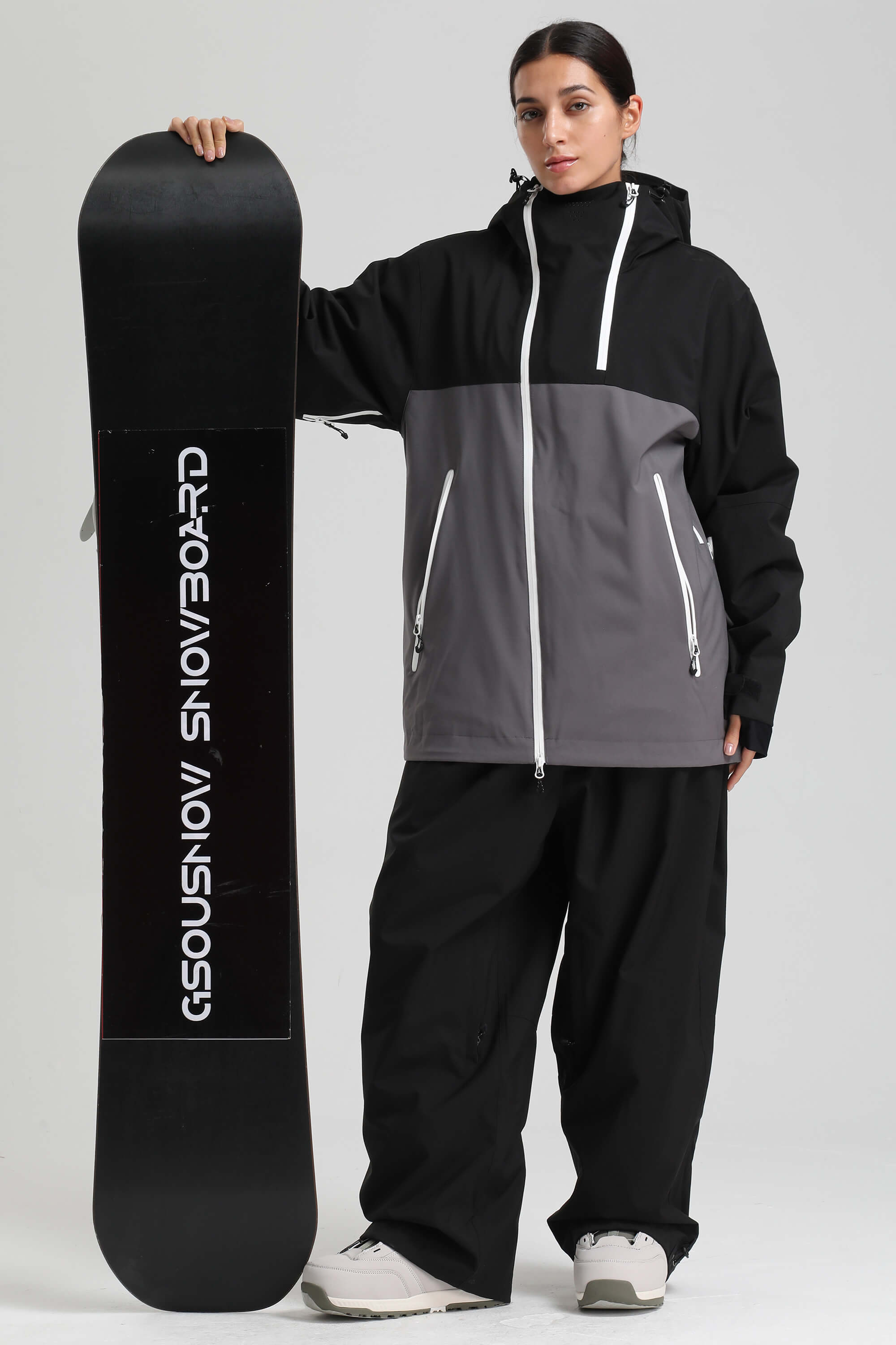 Women's Black & Grey Face Vent Asym-Zip Snow Jacket Waterproof Insulated Ski Jacket - Gsou Snow