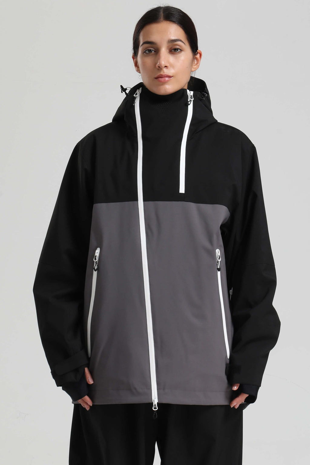 Women's Black & Grey Face Vent Asym-Zip Snow Jacket Waterproof Insulated Ski Jacket - Gsou Snow