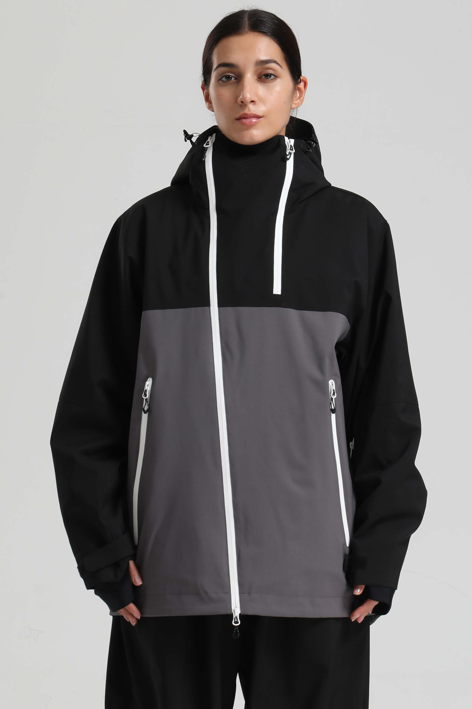 Women's Black & Grey Face Vent Asym-Zip Snow Jacket Waterproof Insulated Ski Jacket - Gsou Snow