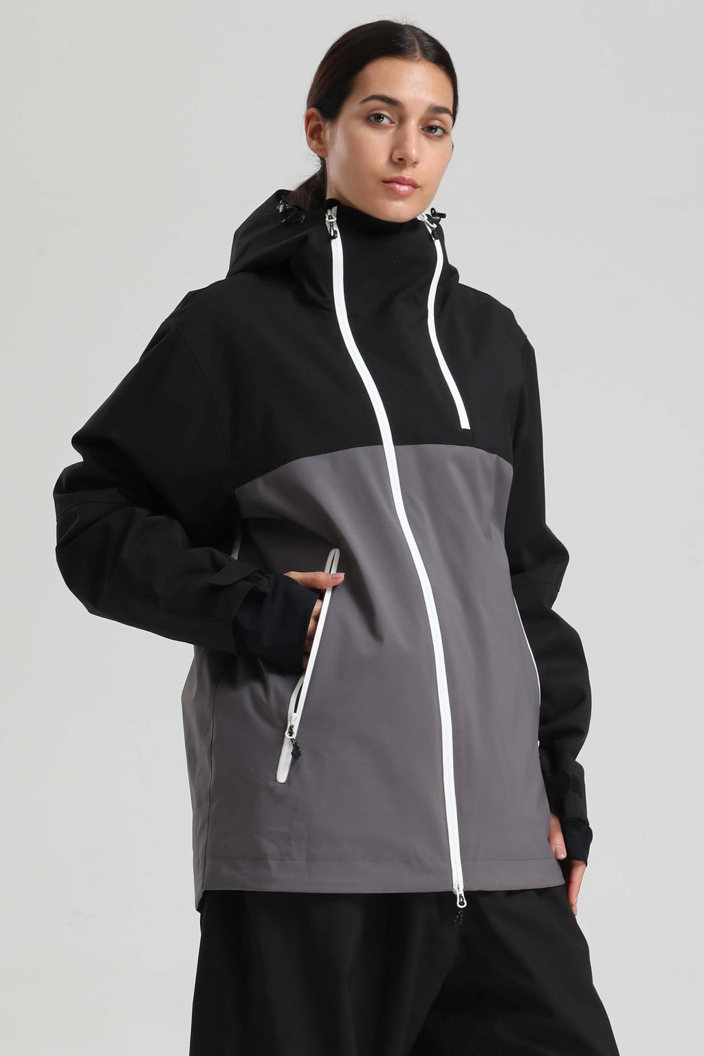 Women's Black & Grey Face Vent Asym-Zip Snow Jacket Waterproof Insulated Ski Jacket - Gsou Snow