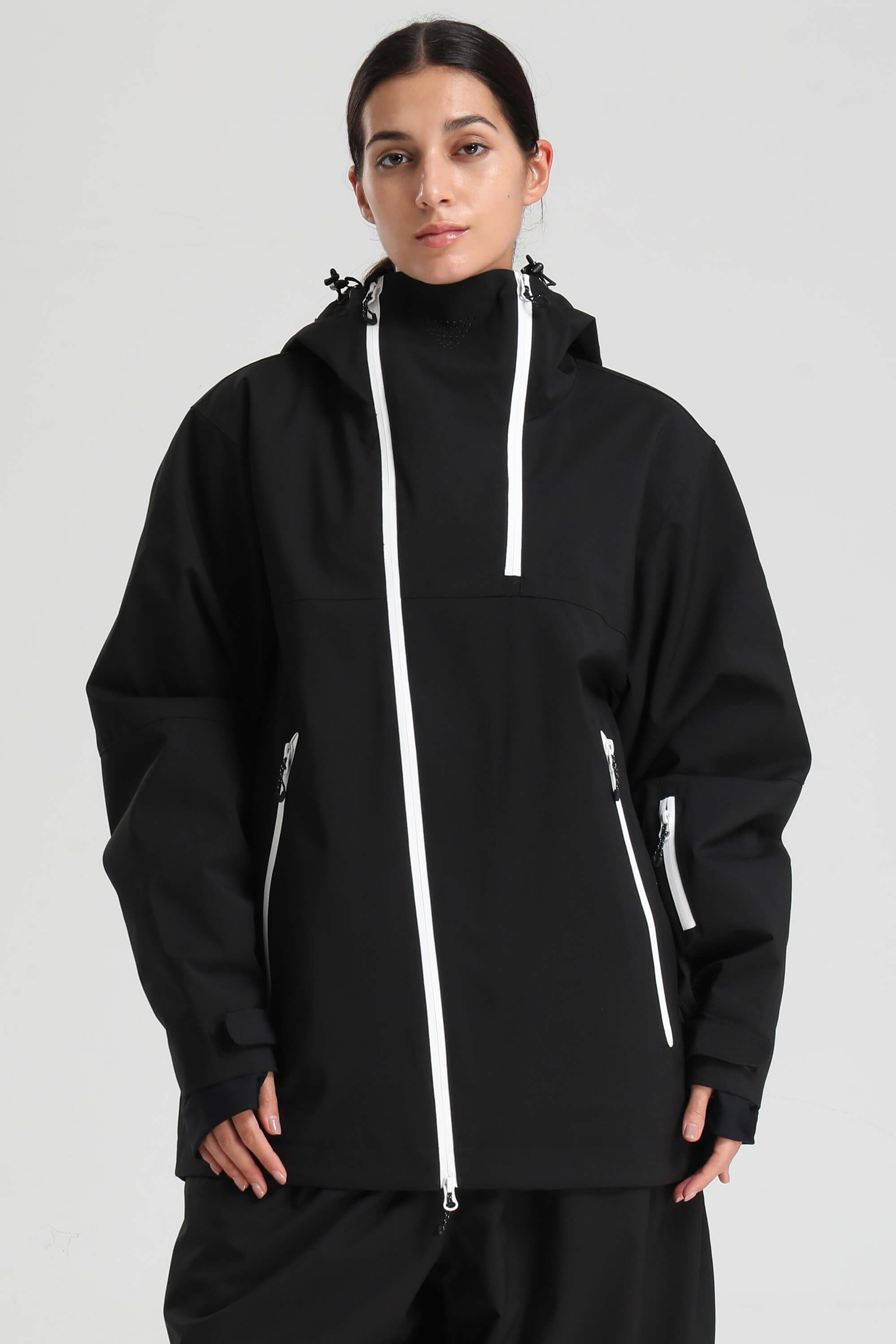 Women's Black & Khaki Asym-Zip Face-Vent Ski Jacket Waterproof Insulated Snow Jacket