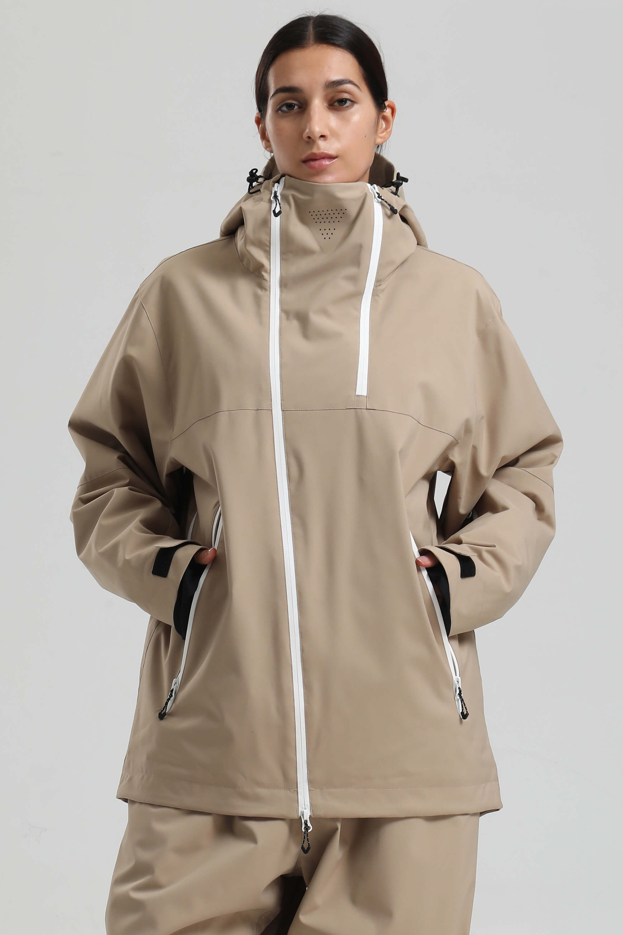 Women's Black & Coffee Asym-Zip Face-Vent Ski Jacket Waterproof Insulated Snow Jacket