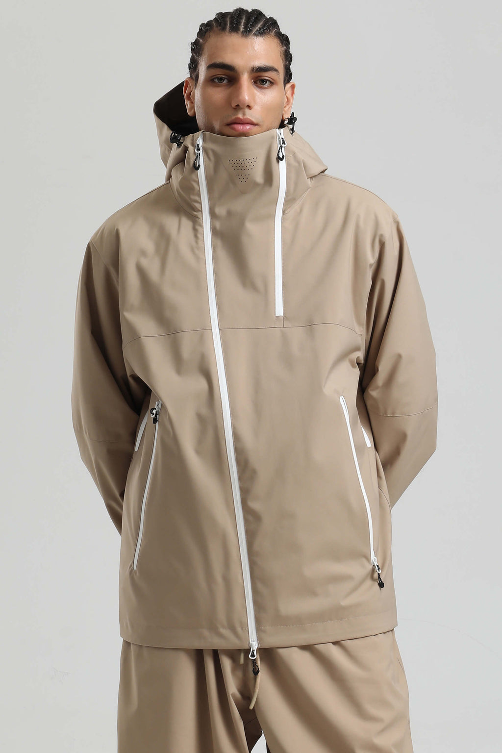 Men's Khaki & White Asym-Zip Face-Vent Ski Jacket Waterproof Insulated Snow Jacket