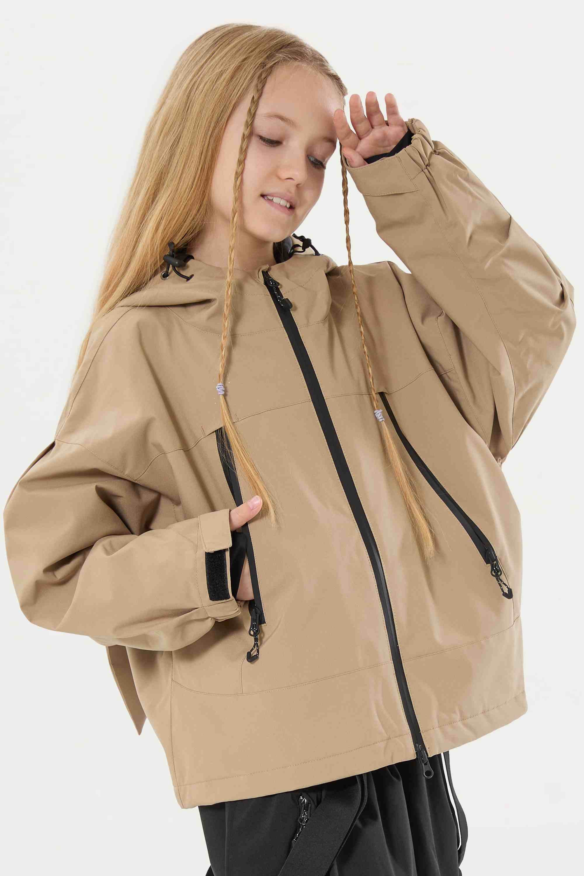 Girls Khaki Detachable-Hood Waterproof Insulated Ski Jacket Snow Jacket