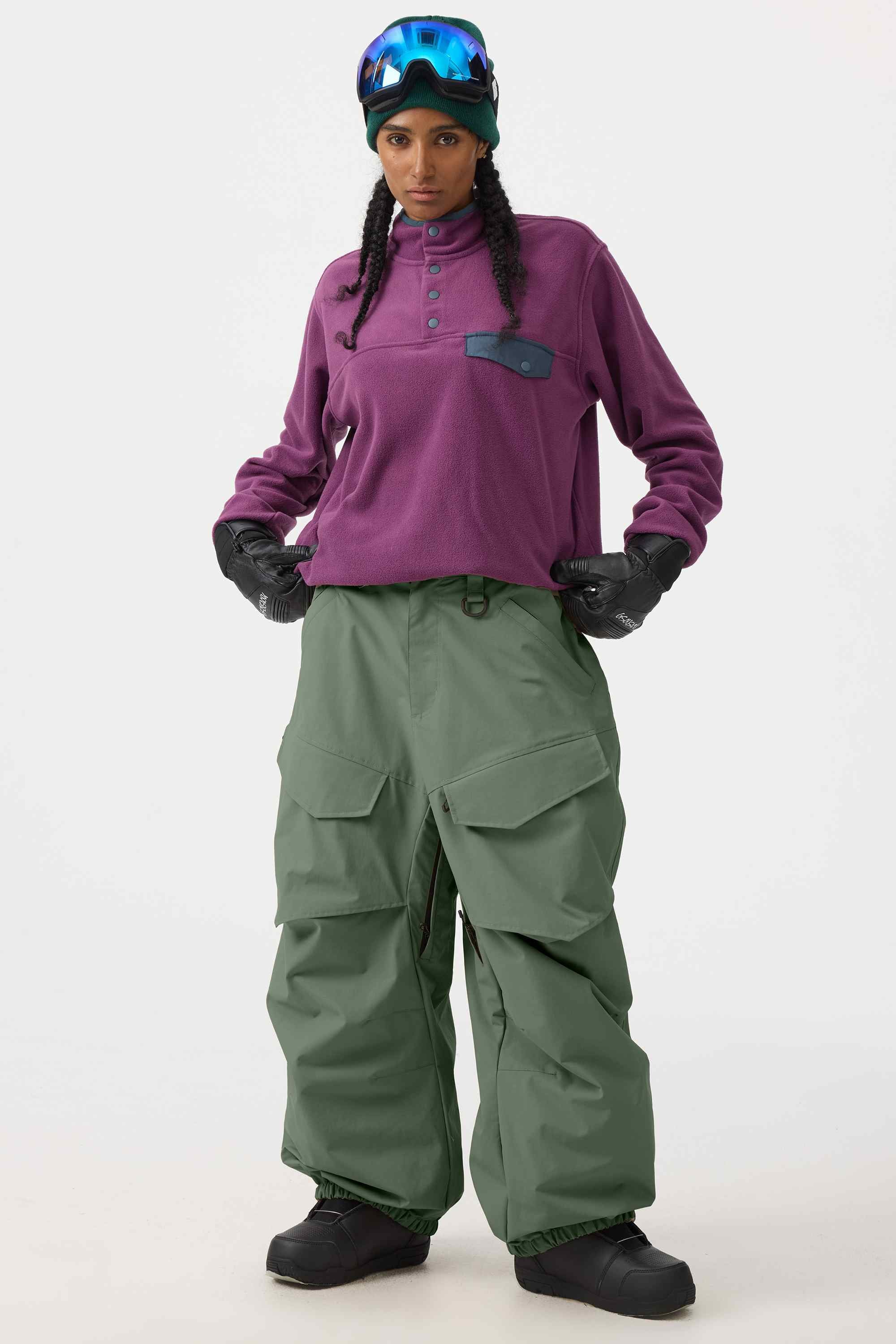 Women's Beige Baggy Utility Ski Pants Wear-Resistant Snow Pants