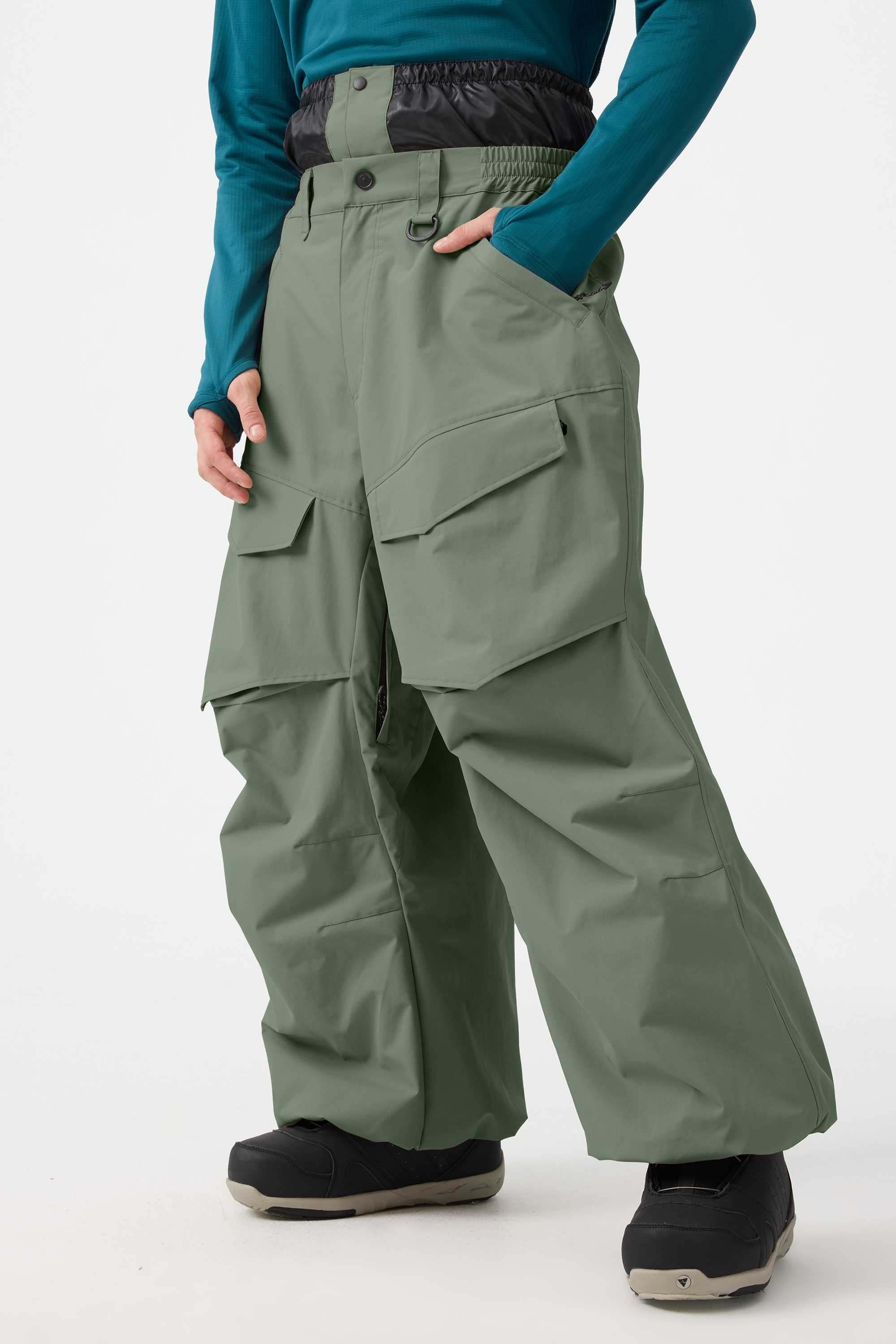 Men's Beige Baggy Utility Ski Pants Wear-Resistant Snow Pants