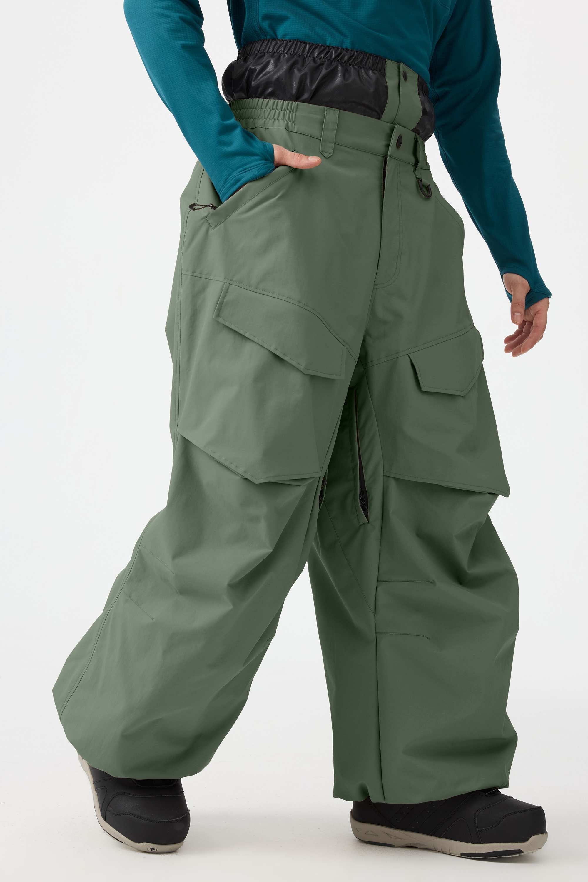 Men's Beige Baggy Utility Ski Pants Wear-Resistant Snow Pants