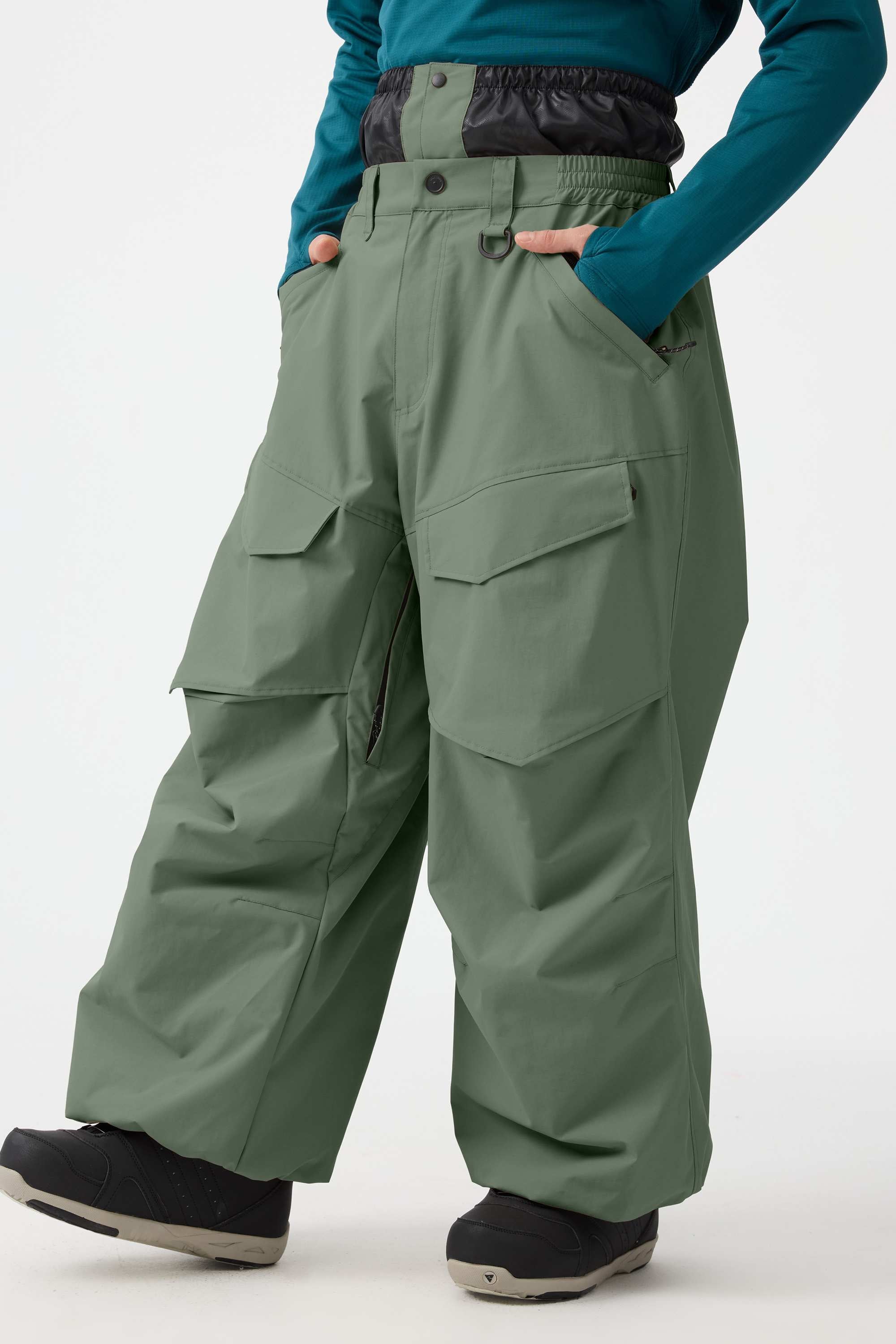 Men's Khaki Baggy Utility Ski Pants Wear-Resistant Snow Pants