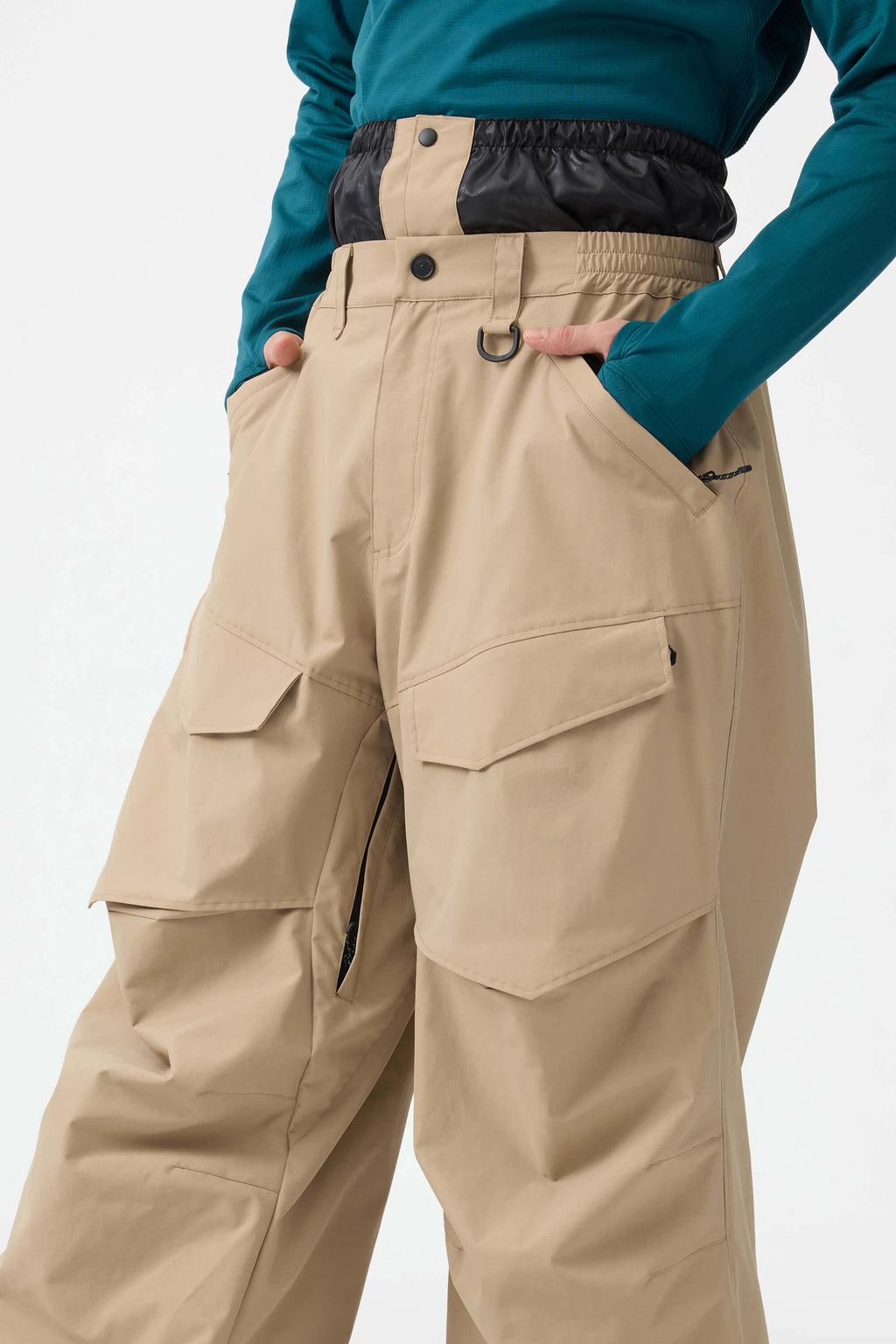 Men's Beige Baggy Utility Ski Pants Wear-Resistant Snow Pants