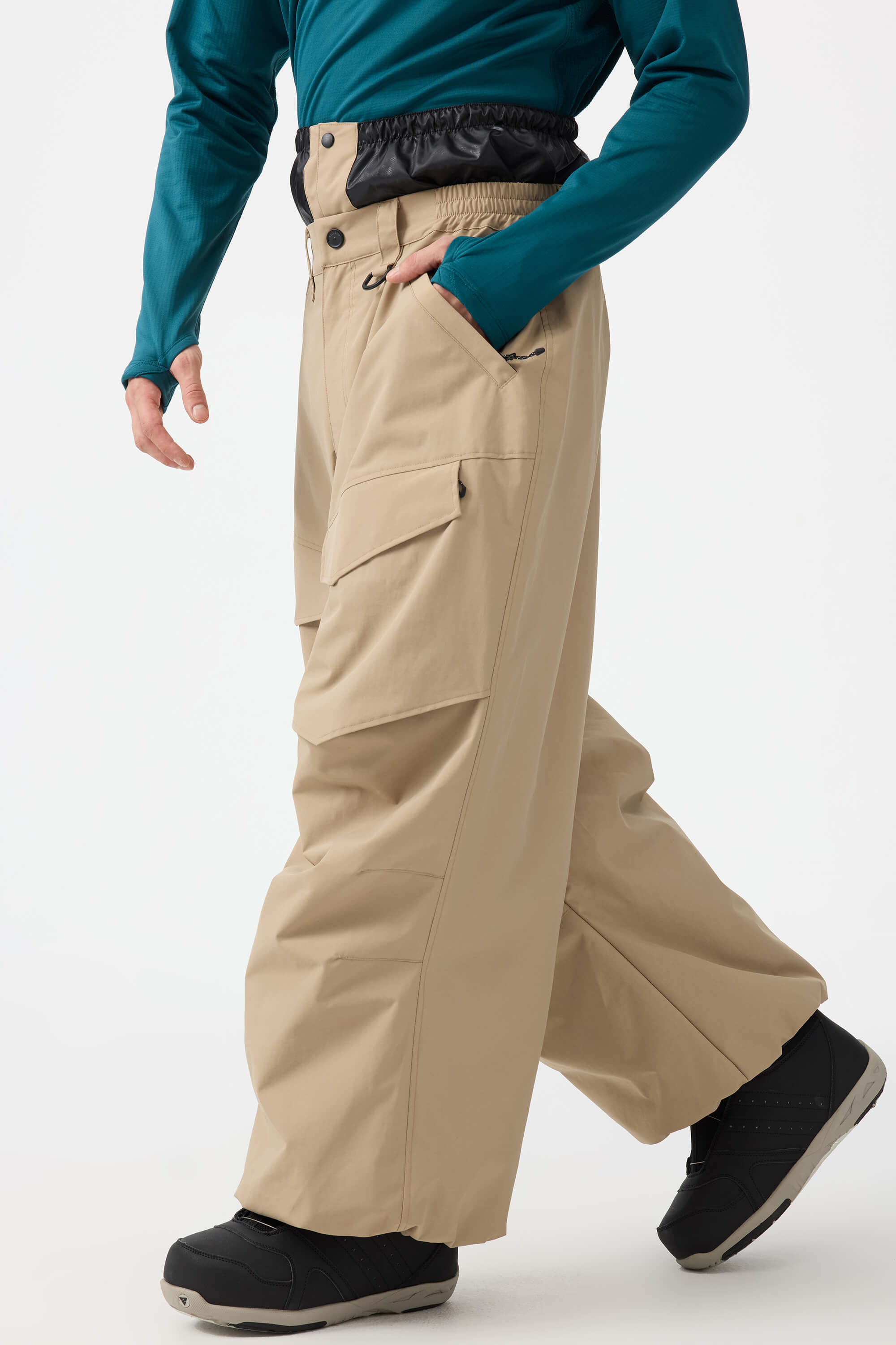 Men's Beige Baggy Utility Ski Pants Wear-Resistant Snow Pants