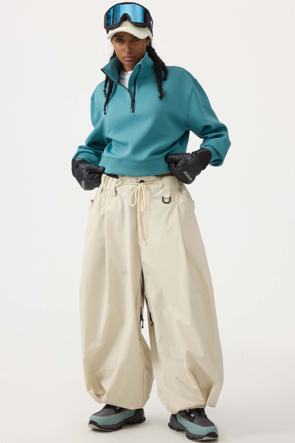 Women's Beige Drawstring Baggy Ski Pants Balloon Snow Pants