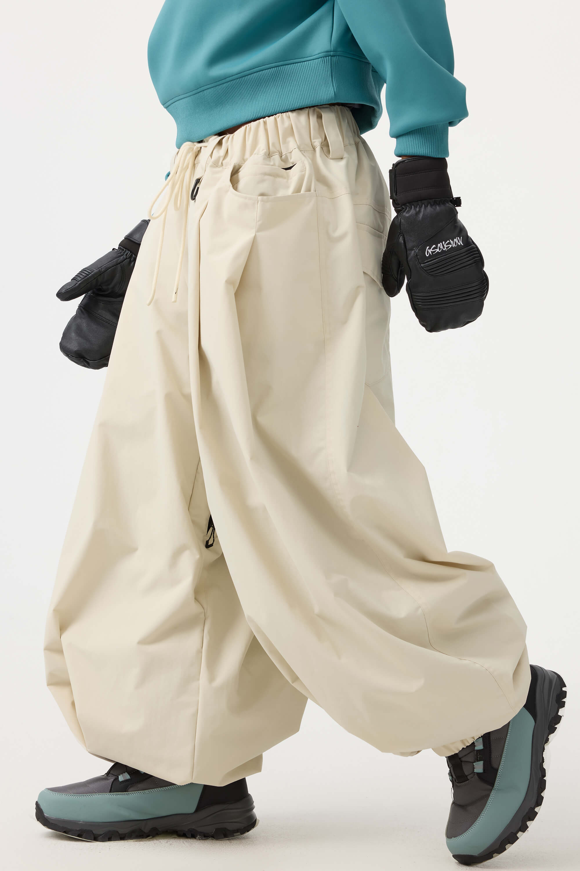 Women's Beige Drawstring Baggy Snow Pants Balloon Ski Pants - Gsou Snow