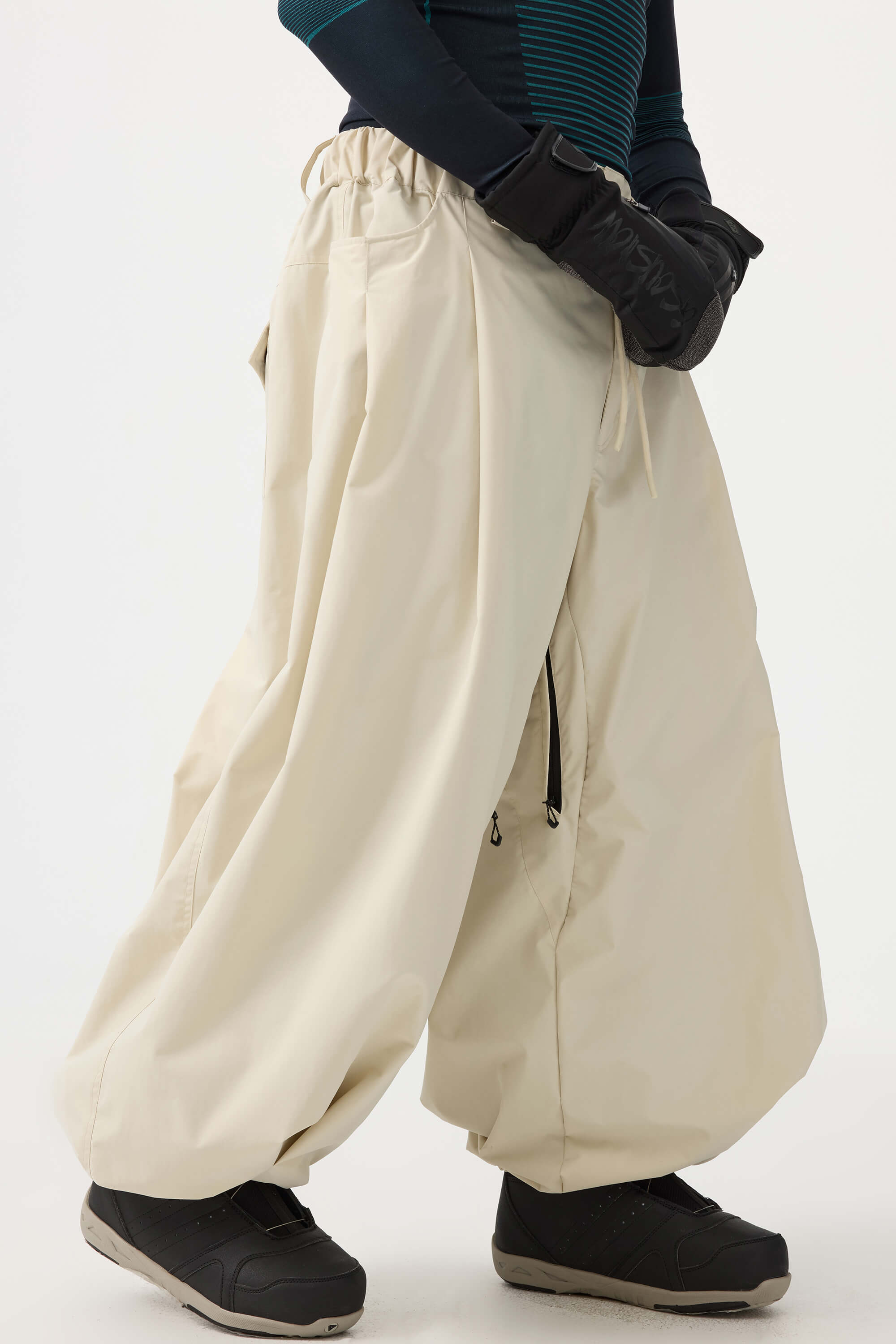 Men's Beige Drawstring Baggy Ski Pants Balloon Snow Pants