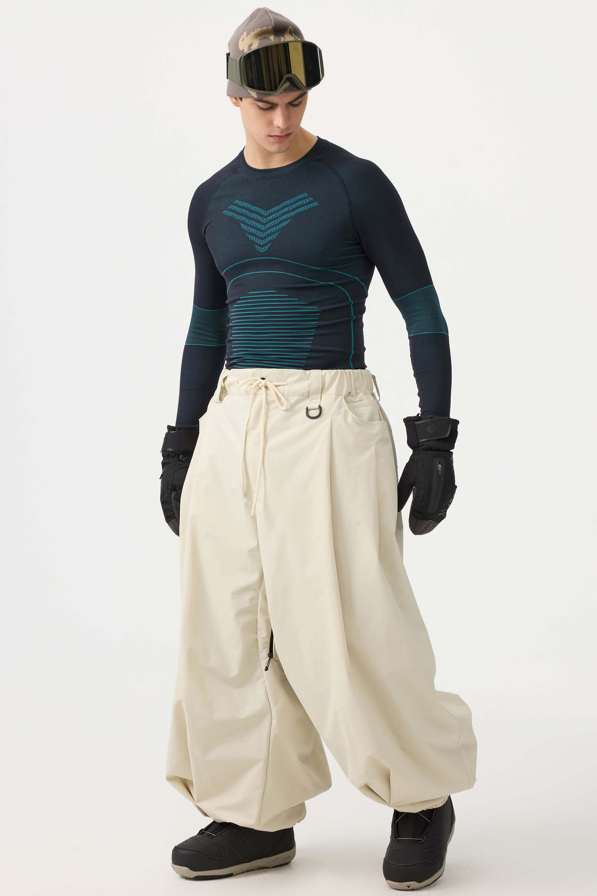 Men's Beige Drawstring Baggy Snow Pants Balloon Ski Pants - Gsou Snow