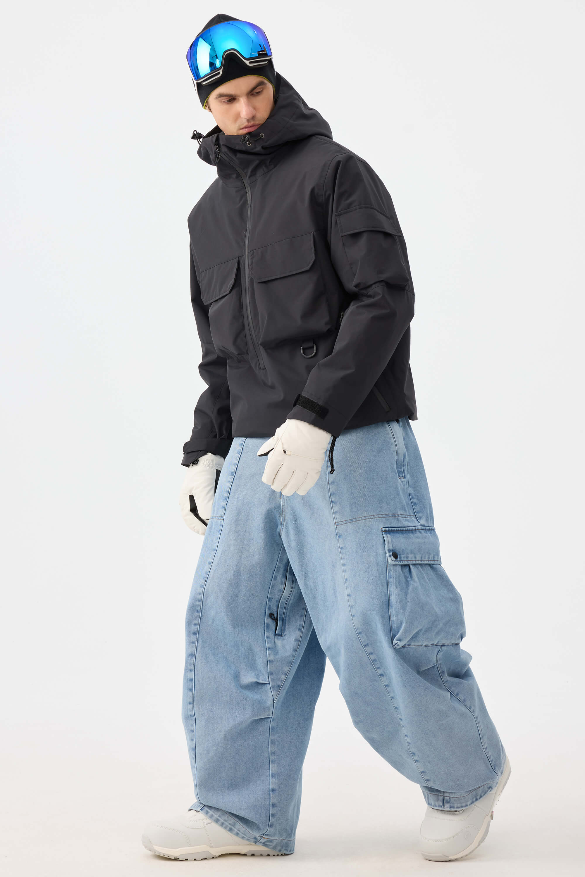 Men's Black Baggy Oxford Ski Pants Wear-Resistant Snow Pants